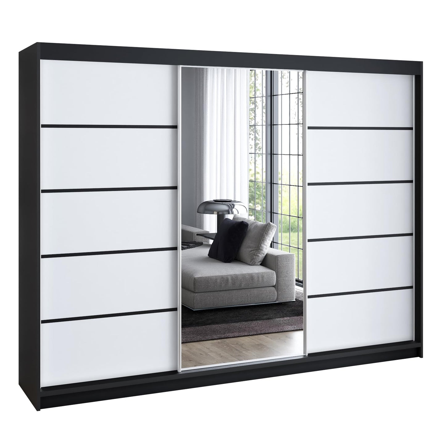 A&J MöbelLand Schwebetürenschrank VILANO 2, 3-türig Schrank 200 cm Kleiderschrank mit 4 Schubladen, und Spiegel (Weiß, Schwarz, Somona) (Schwarz/schwarz/schwarz)