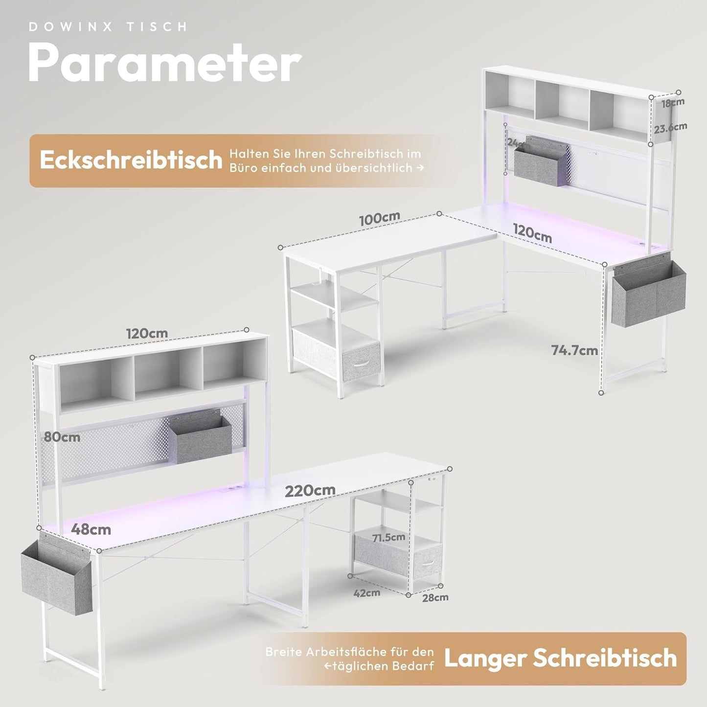 Dowinx LED Gaming Table, L-Shaped Desk with Pegboard and Storage Space, Reversible Computer Desk with Sockets and USB, Office Corner Desk for Home Game, Grey, 120 x 148 cm