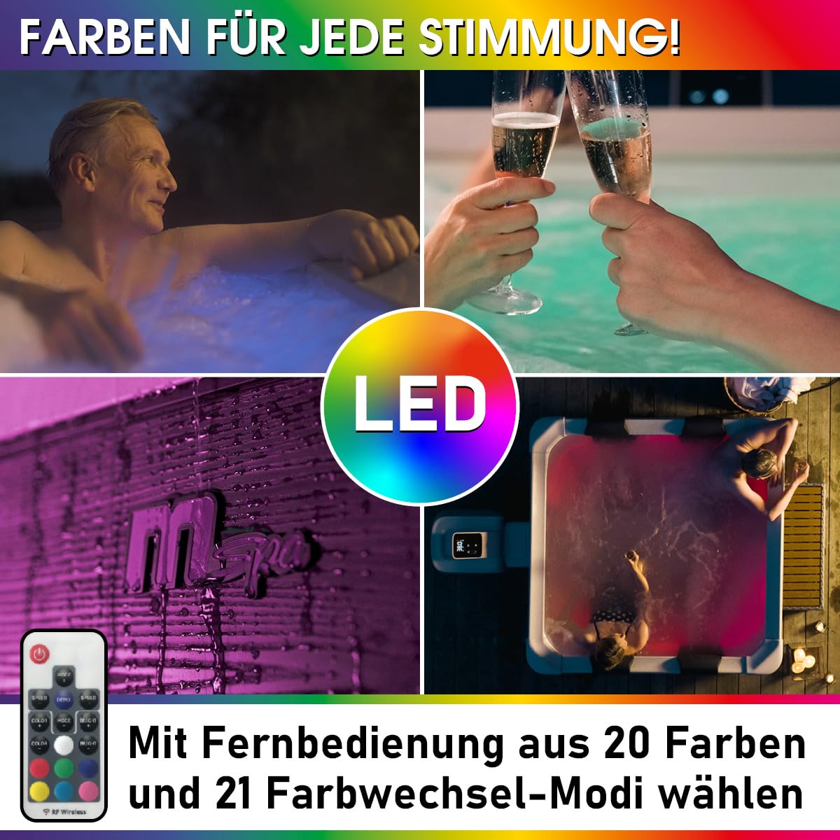 BRAST Whirlpool MSpa Oslo & Oslo Plus XXL mit Fester Außenwand | 160x160x65cm - 180x180x65cm | LED-Beleuchtung 20 Farben | 6 Personen | 120-140 Massagedüsen | Ganzjähriger Einsatz Winterfest