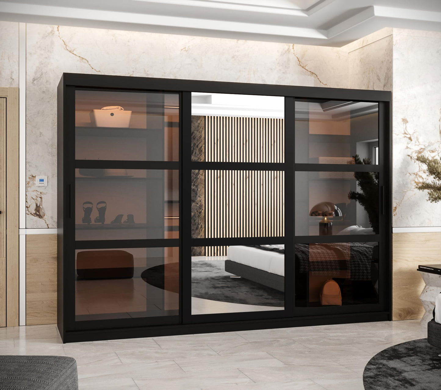 MEBLE KRYSPOL Dome 2 Schrank mit DREI Schiebetüren mit Spiegel, Stangen und Regalen - Aufbewahrungsschrank mit Rauchglas für Schlafzimmer, Wohnzimmer - 200x250x62cm - Schwarz, Schwarz, Schwarz
