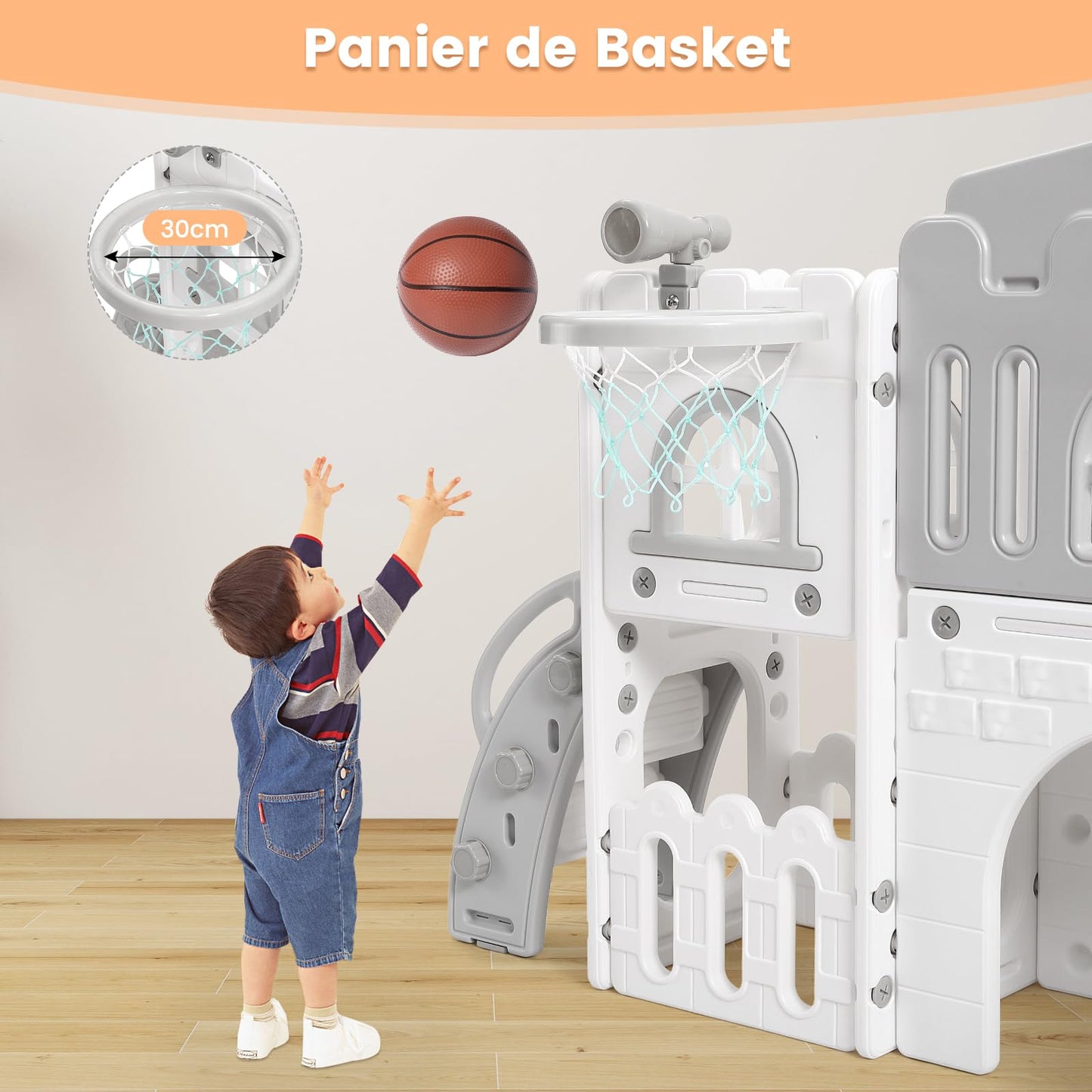 Kinder Rutsche 8 in1 Mit Klettern, Teleskop, Basketballkorb,Tunnel, Bohrspiel und Stauraum, Kleinkinderklettergerüst für Kleinkinder 1–3 Jahren