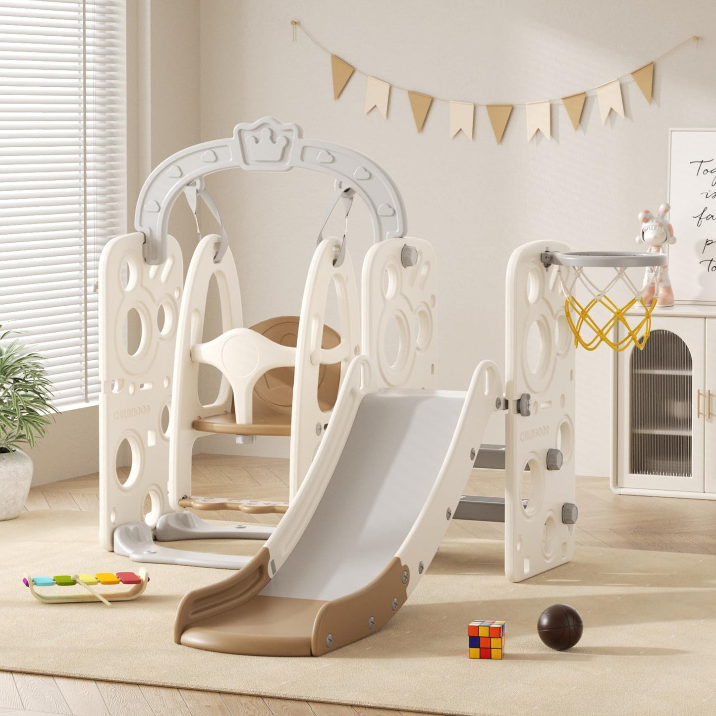 Rutsche mit Klettergerüst für Kinder: Indoor Spielplatz mit - Aufbewahrungsbox Tunnel Treppenleiter Basketballkorb und Durchgangsbereich Gartenrutsche (Star Set-G-Brown)