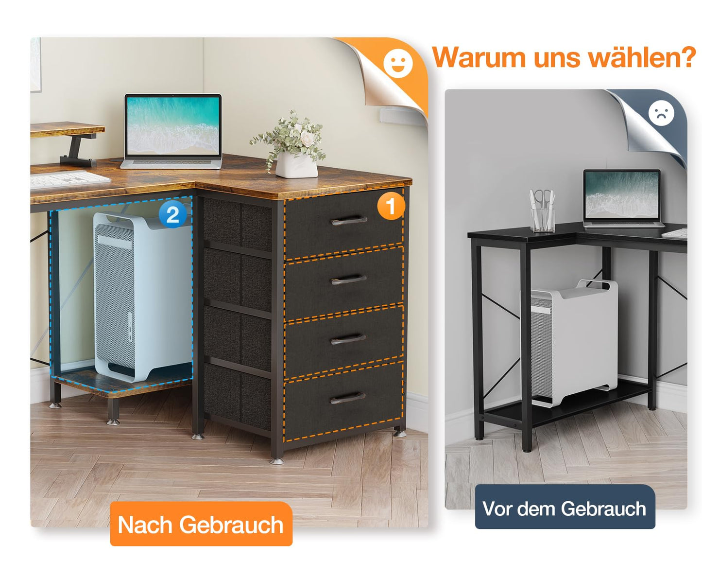 ODK Eckschreibtisch mit 4 Stoff Schubladen, 160x80cm Reversible Schreibtisch L Form mit 2 Steckdosen und 2 USB Ladeanschluss, Gaming Tisch L Form mit LED&Monitorständer für Home Office, Schwarz