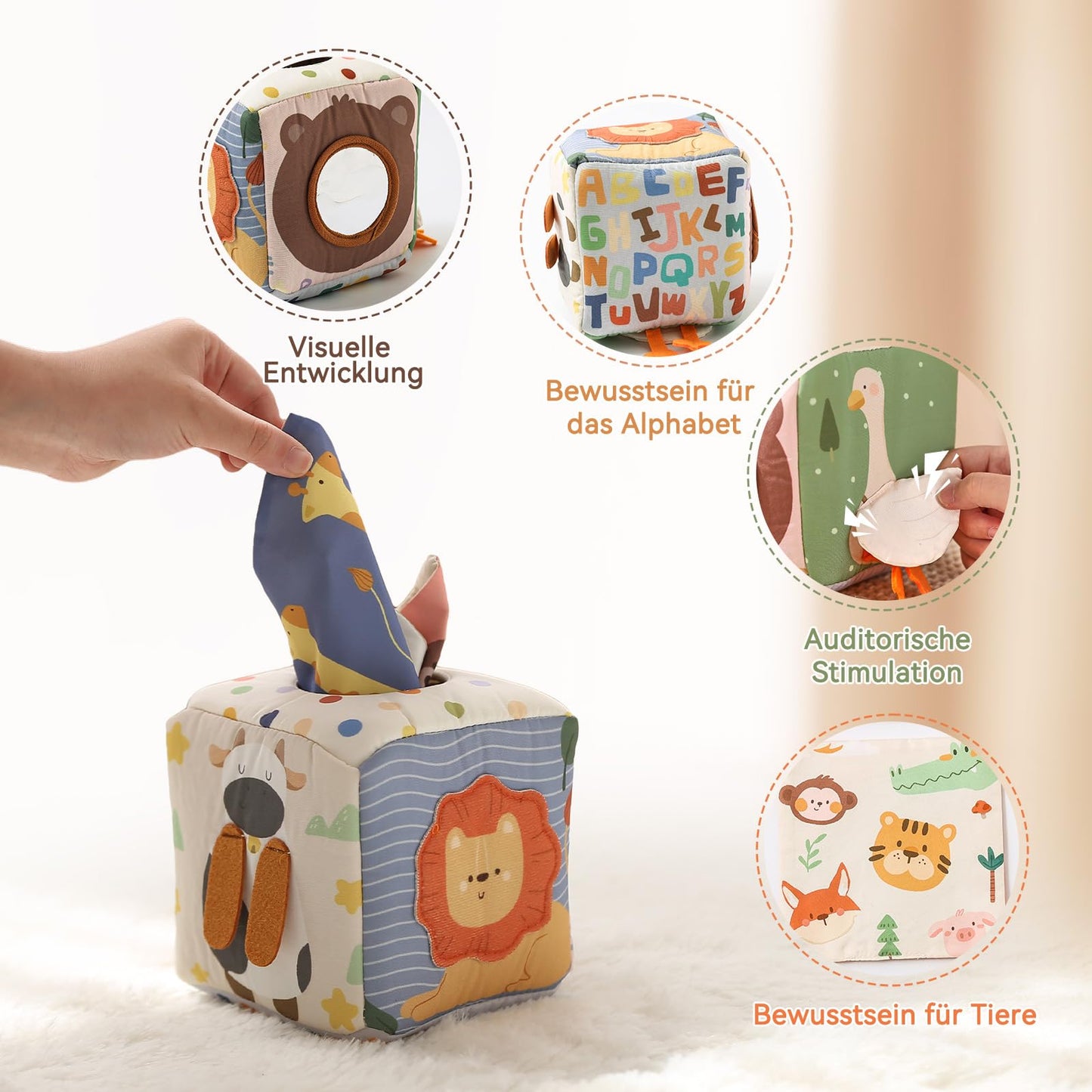 WOODEN TEETHER Tissue Box Montessori Motorikspielzeug, 6-12 Monate Sensorik Baby Spielzeug mit Spiegel, Farben, Texturen, Kinder Frühes Lernspielzeug für Jungen Mädchen Geschenke
