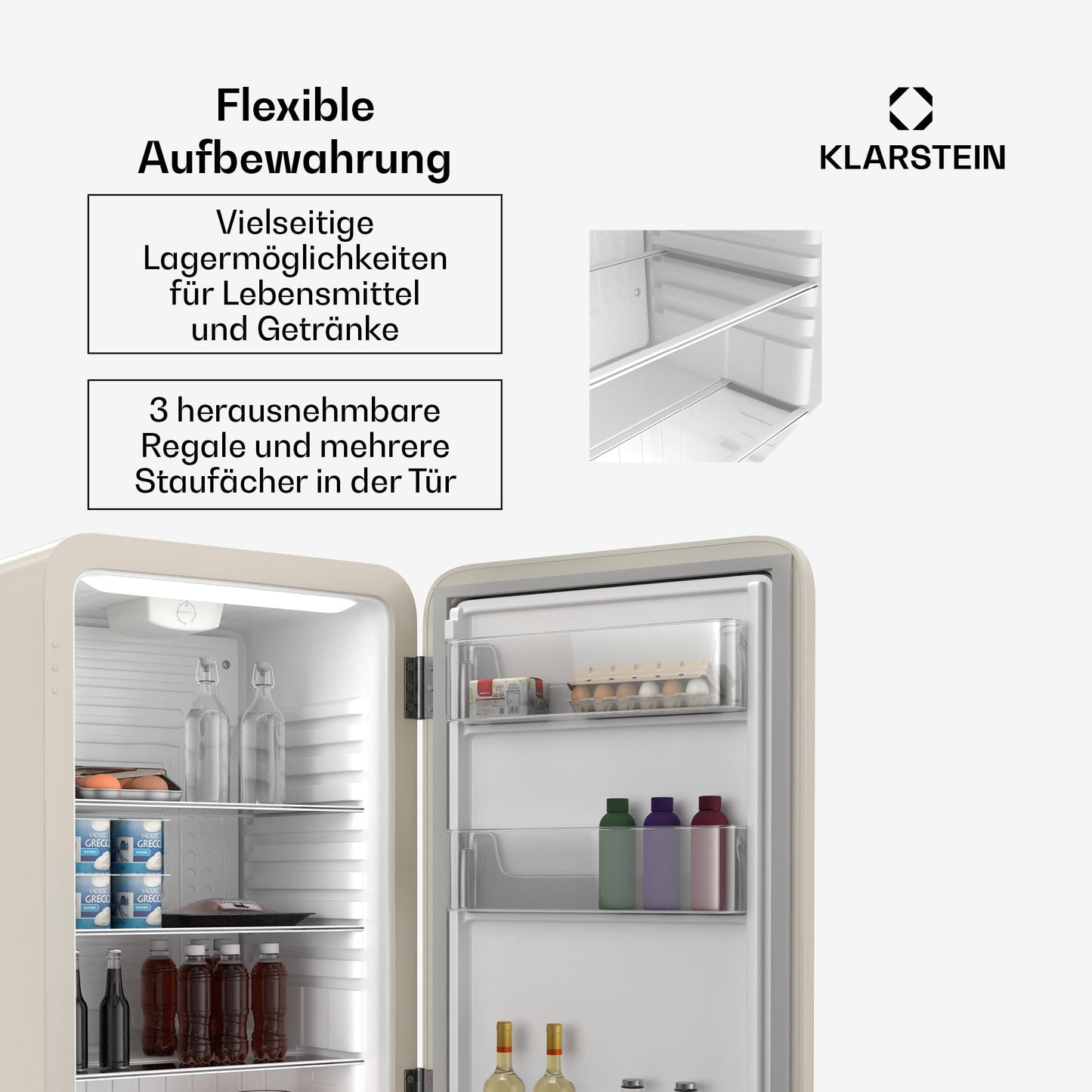 Klarstein Kühlschrank, Mini-Kühlschrank für Getränke, Kühlschrank Klein, Kleiner Kühlschrank Lautlos, Skincare Fridge, Vintage Design, Camping Kühlschrank, Minikühlschrank für Zimmer, 0-10°C, 70 L