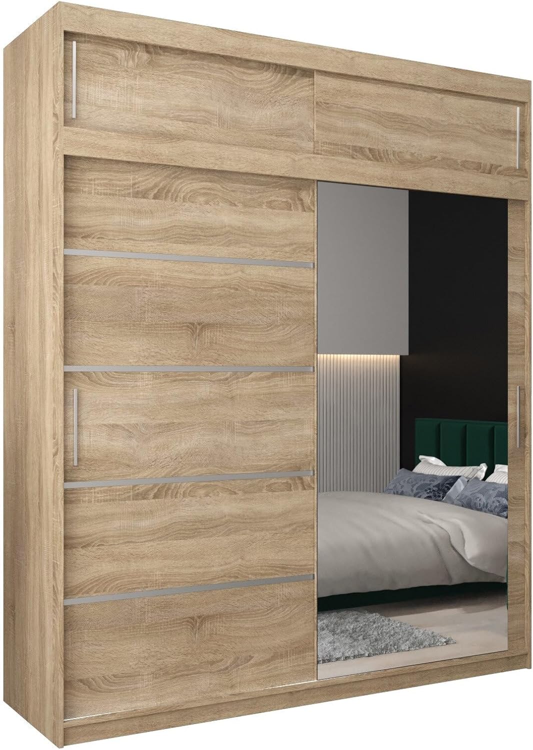 MEBLE KRYSPOL Kleiderschrank mit Spiegel Verona 2 - Garderobenschrank - Schrank Schlafzimmer - Mehrzweckschrank DREI Schiebetüren - Regalen - Flur Möbel - Kleiderstange Schrank - Allzweckschrank