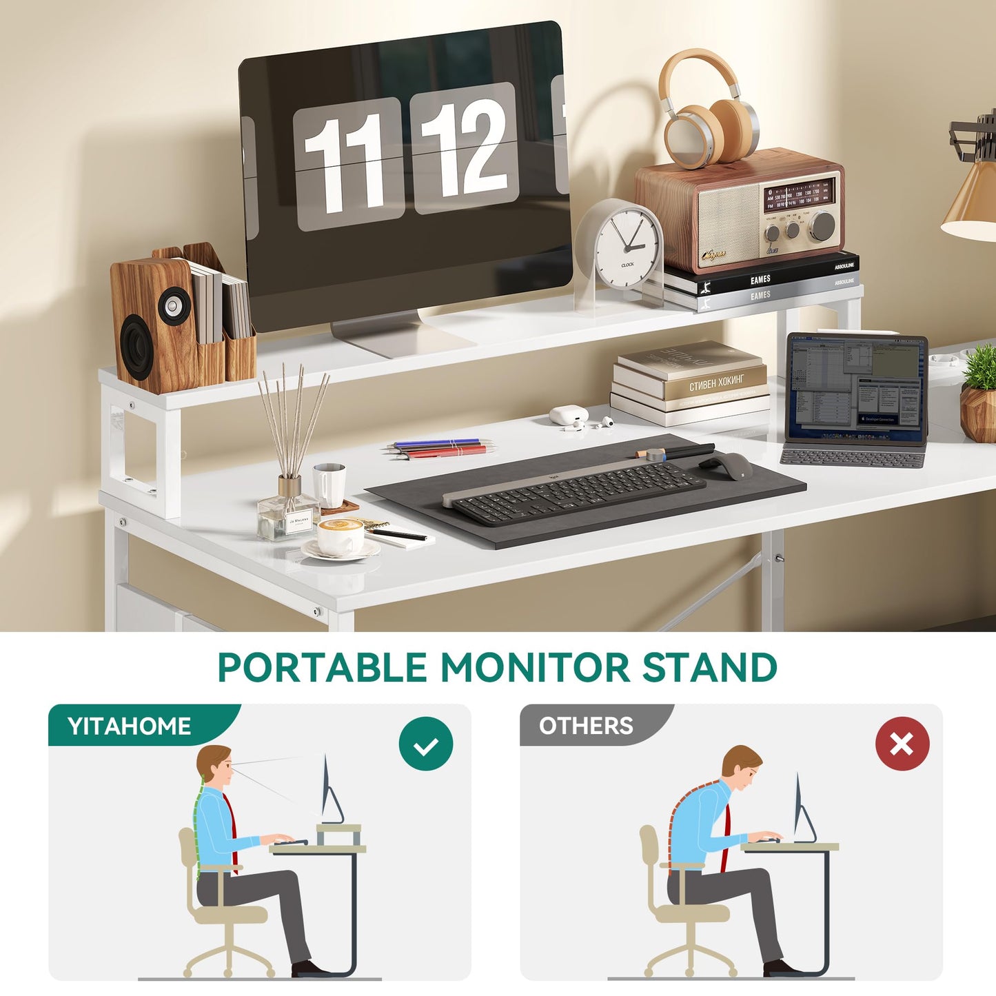 YITAHOME Desk, Reversible Corner Desk with 4 Drawers, L Shape Desk with 2 Sockets and 2 USB Charging Ports, Office Table L Shape with LED, 130 x 100 cm, Corner Table with Monitor Shelf, White