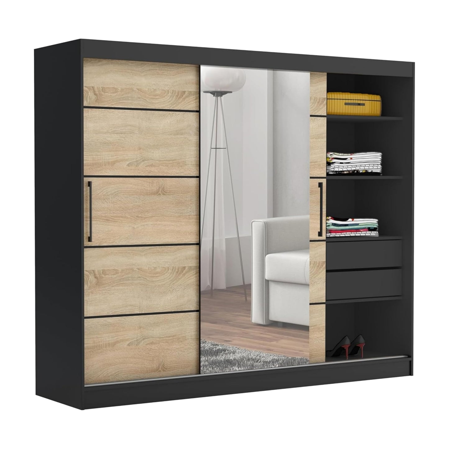 Brent - Kleiderschrank mit Spiegel und Schubladen 235cm Breit Chelsea Tomy, Schwebetürenschrank mit Spiegel, Schlafzimmerschrank, Kleiderschrank Schwarz