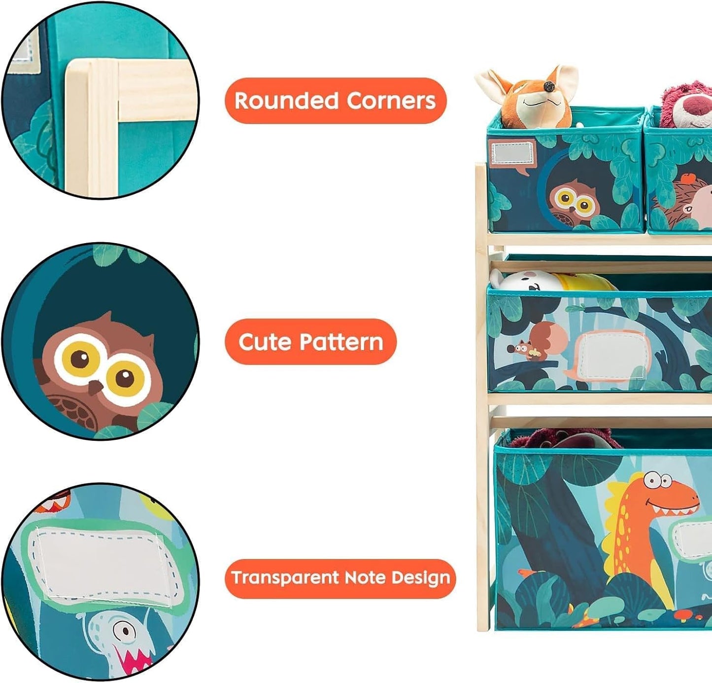 NUKied Spielzeug-Organizer|Aufbewahrungsregal|3-stöckiges Holzregal für Kinder mit Regalboxen|Bücherregal für |Kinder|Kinderzimmer|Schule|Kindergarten Stoffschubladen für Bücher und Spielzeug