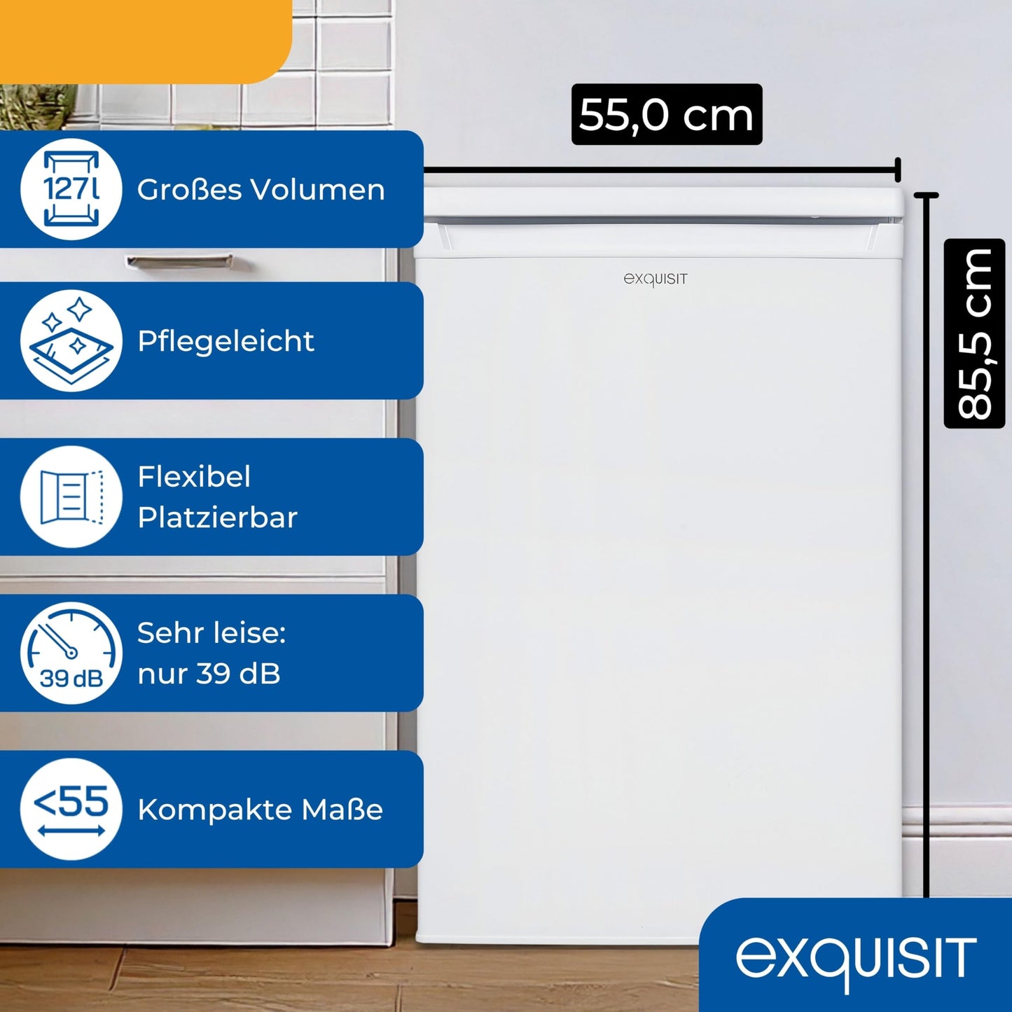 Exquisit Kühlschrank ohne Gefrierfach, 126 Liter, 55 cm Breit, Freistehend, Kompakt, Temperaturregelung, LED-Licht, KS516-V-040D weiss