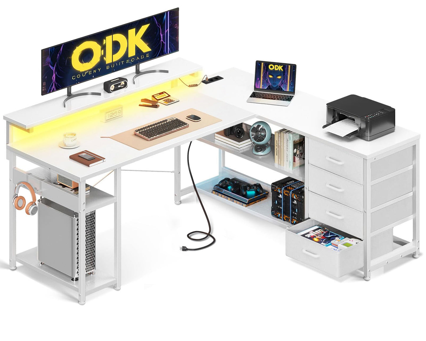 ODK Schreibtisch mit Schubladen, Reversible Eckschreibtisch mit 2 Steckdosen und 2 USB Ladeanschluss, Bürotisch L Form mit LED für Home Office 135×110cm (Graueiche)