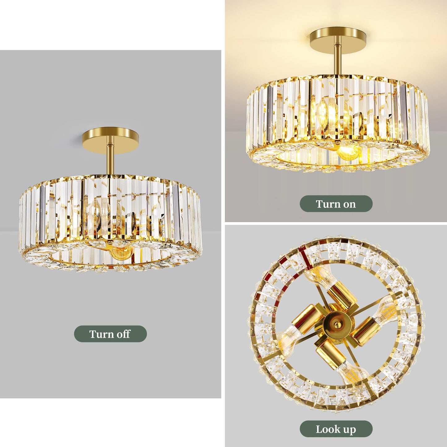 FRIDEKO HOME Modern Kronleuchter Kristall Deckenleuchte Gold,Kleine Kristall Deckenlampe E27 Fassung für Wohnzimmer Schlafzimmer Küche Flur,Ø23cm