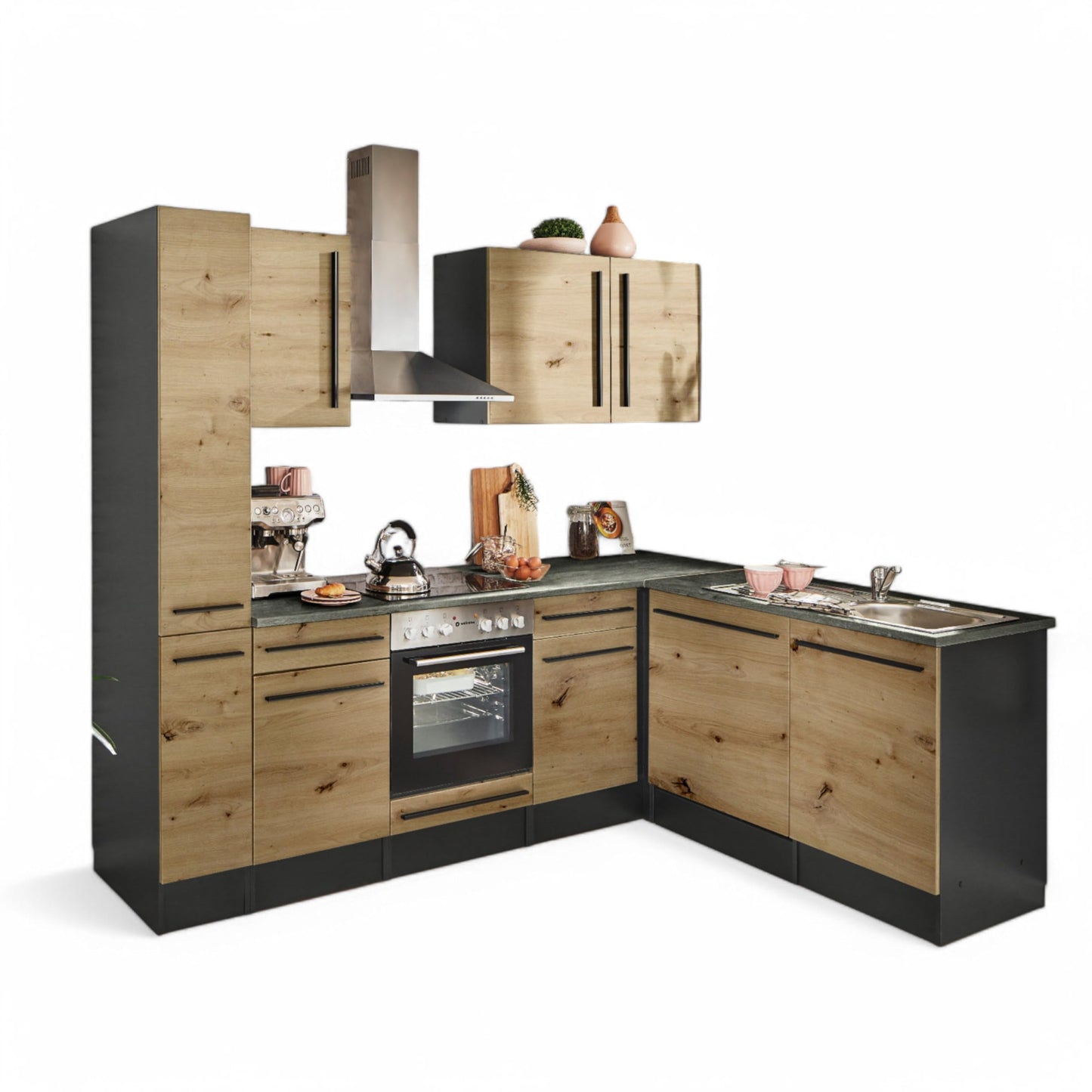 Jazz 8 Modern Corner Kitchen without Electrical Appliances in White High Gloss, Metallic Grey - Spacious Kitchen Unit in L-Shaped with Lots of Storage Space - 220 x 211 x 60 cm (W x H x D)