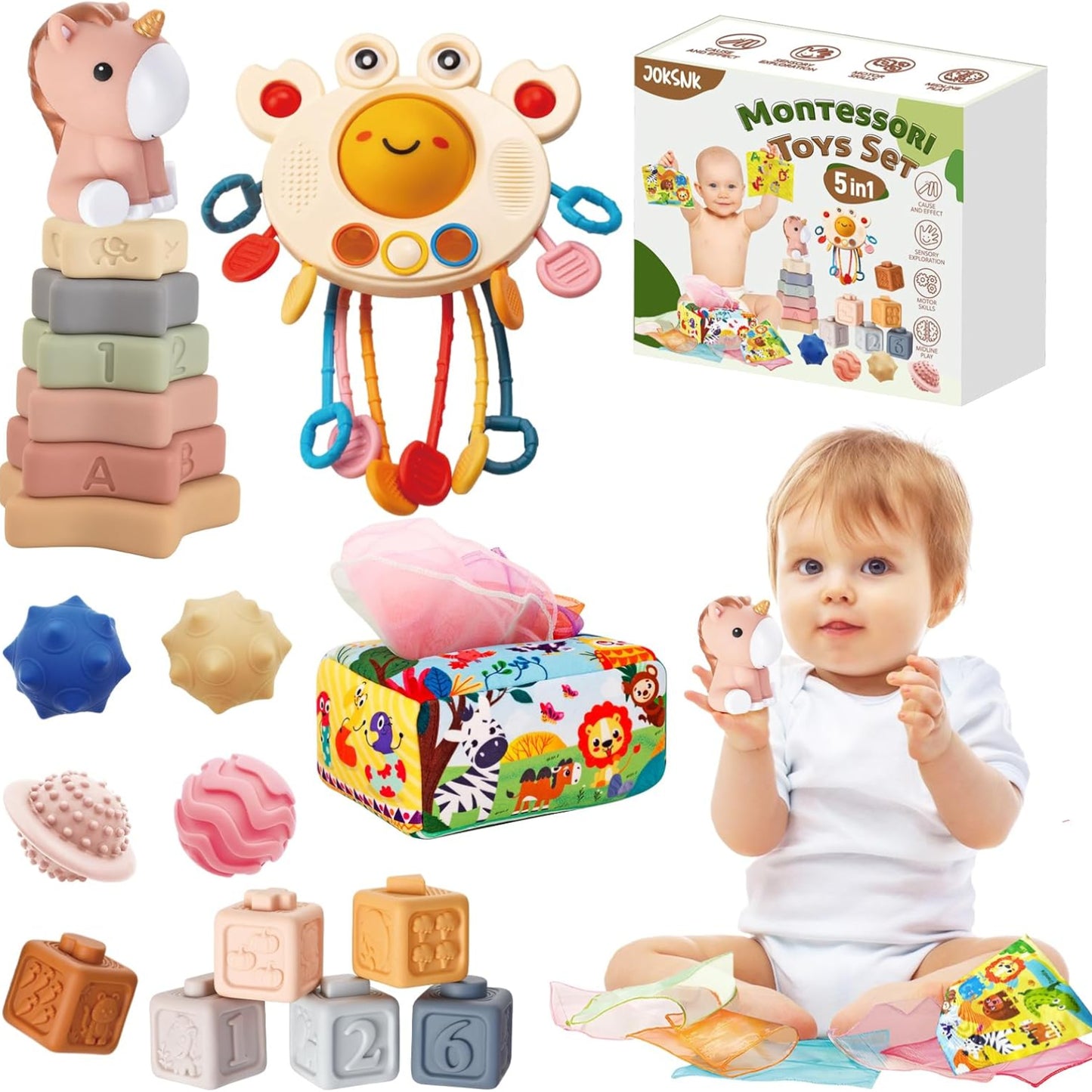 JOKSNK Montessori Spielzugug ab 1 Jahr, 5 In 1 Babyspielzeug, Gestapelter Turm, Tissue -Boxen, Gestapelte Spielzeuge, Squeeze BäLle, Geschenk FüR Jungen Und MäDchen Von 6 9 12 Monaten 1 2 3 Jahre