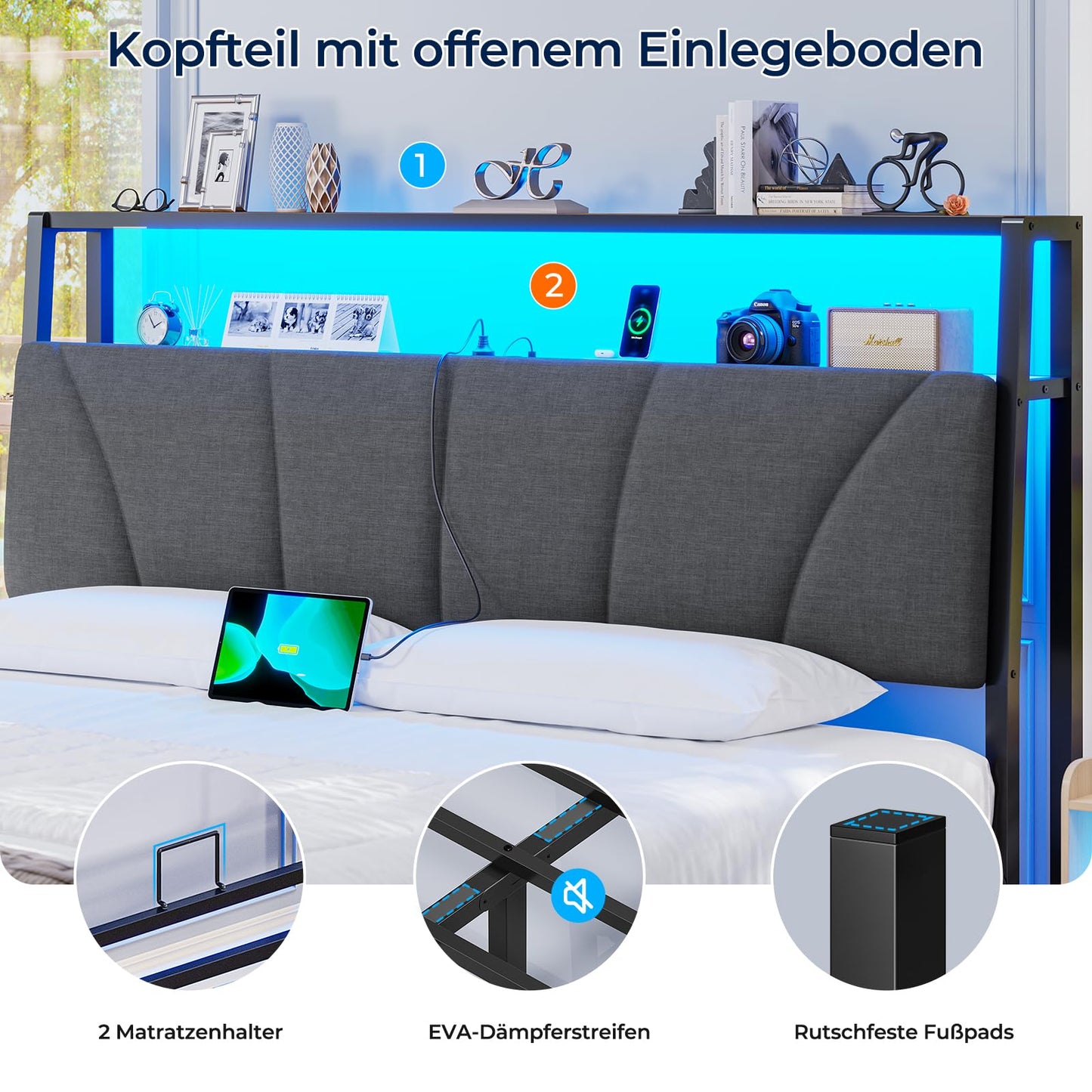 Brinlawb Bed 140 x 200 cm with Metal Slatted Frame, Bed Frame 140 x 200 cm with LED Lighting and Charging Station (2 AC Sockets & 2 USB Ports), Double Bed with 2 Large Drawers, Grey