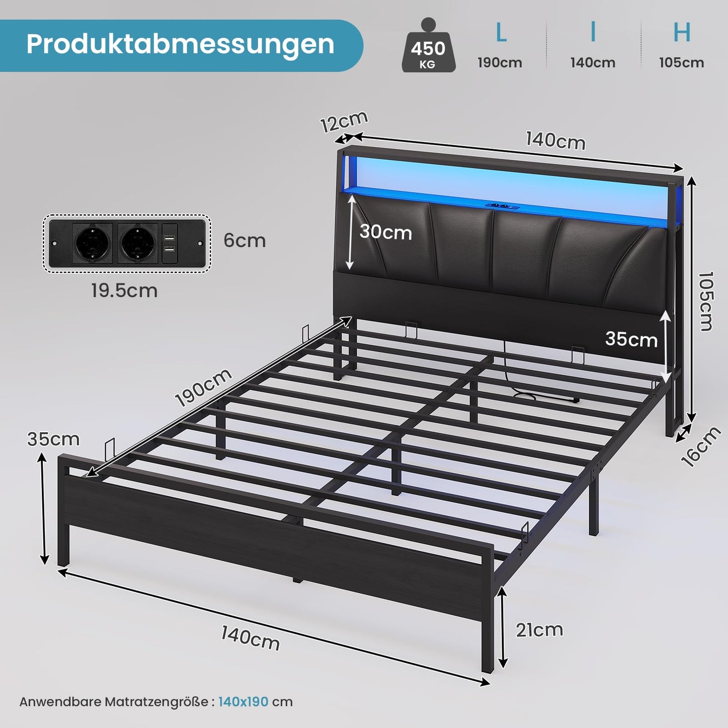 Brinlawb Bed 140 x 200 cm with Metal Slatted Frame, Bed Frame 140 x 200 cm with LED Lighting, Metal Bed 140 x 200 cm with Headboard and Charging Station (2 AC Sockets, 2 USB Ports), Youth Bed, Double