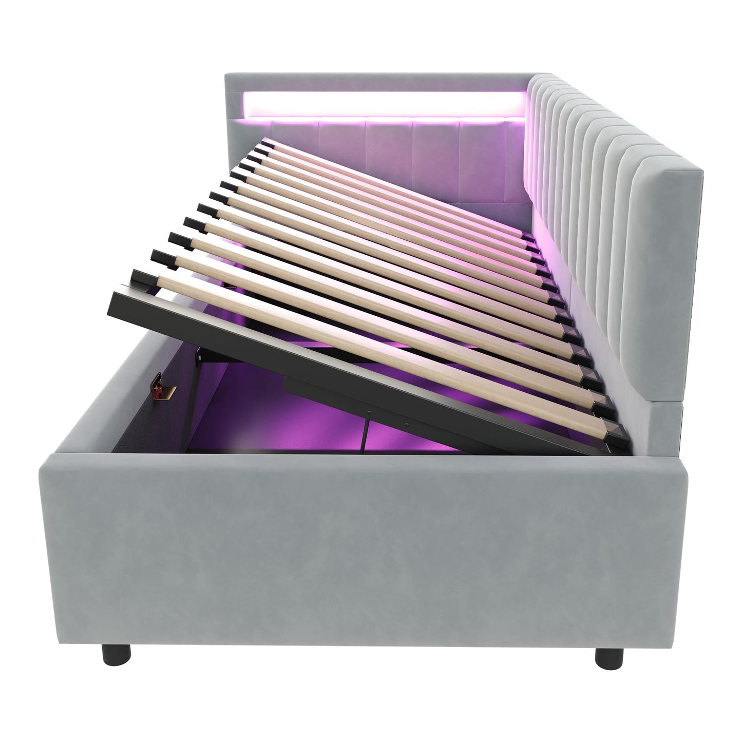 KEYIDE Upholstered Sofa Bed, 140 x 200 cm with LED Lighting and USB Charging, Bed Frame with Wooden Slatted Frame, Day Bed, Guest Bed, Youth Bed, Velvet Fabric, Without Mattress (Grey, 140 x 200)