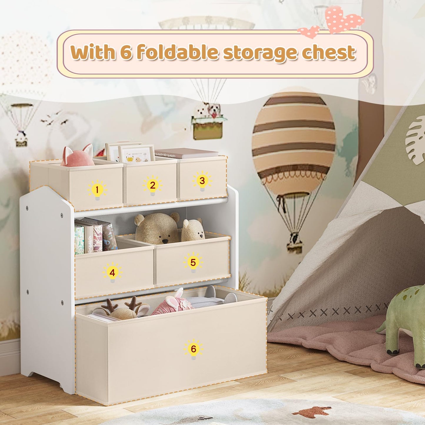 Lestarain Kinderregal mit 9 Aufbewahrungsboxen, Spielzeugregal, Regal Kinderzimmer Spielzimmer, Kinderregal, 63x60x30 cm, Weiß