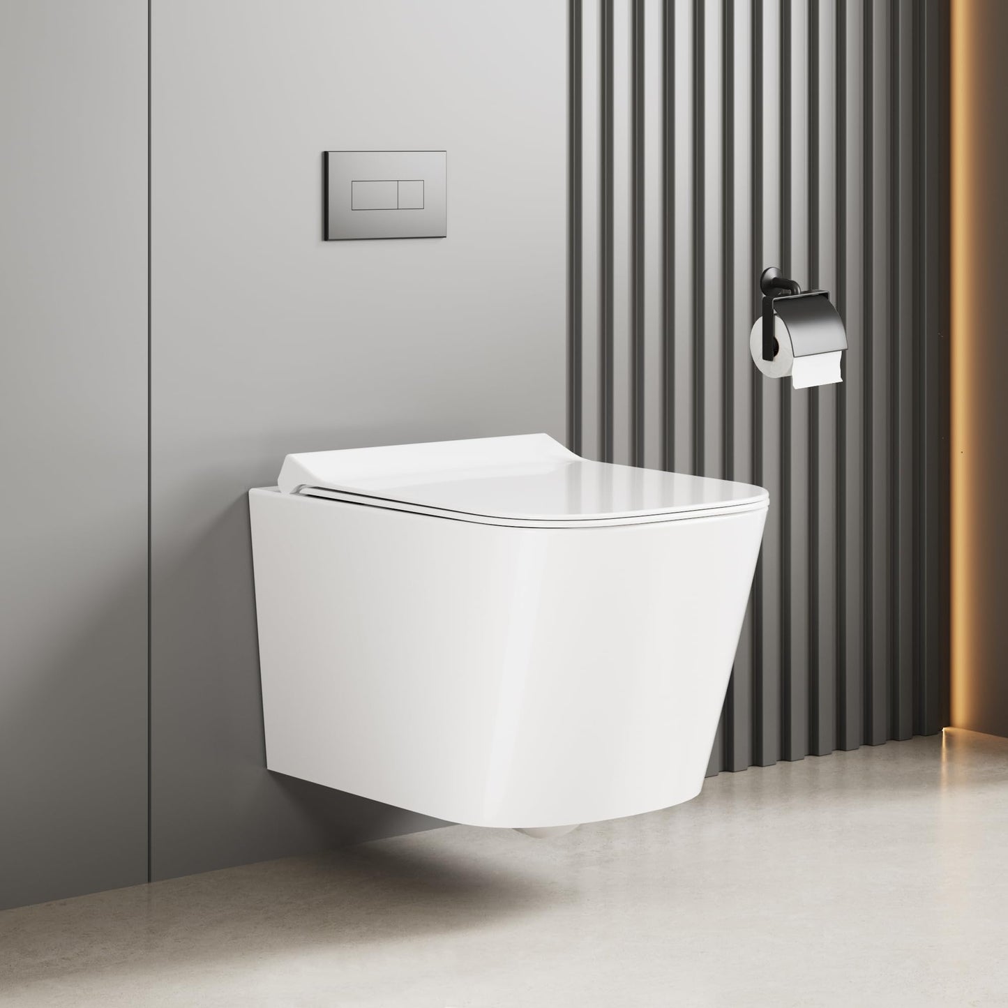 Hängend WC Spülrandlos Toilette, Wand-WC Set aus Keramik mit Toilettendeckel Abnehmbaren Absenkautomatik Effizienter Spültechnik Hängetoilette, D-Form,Lang 51cm, Weiß