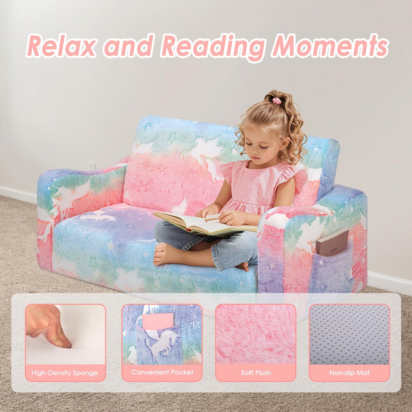 Children's Sofa Fold-Out 2-in-1, Extra Large Children's Sofa Glows in the Dark with Sleep Function, Children's Chair for Children's Room, Playroom, Astronauts