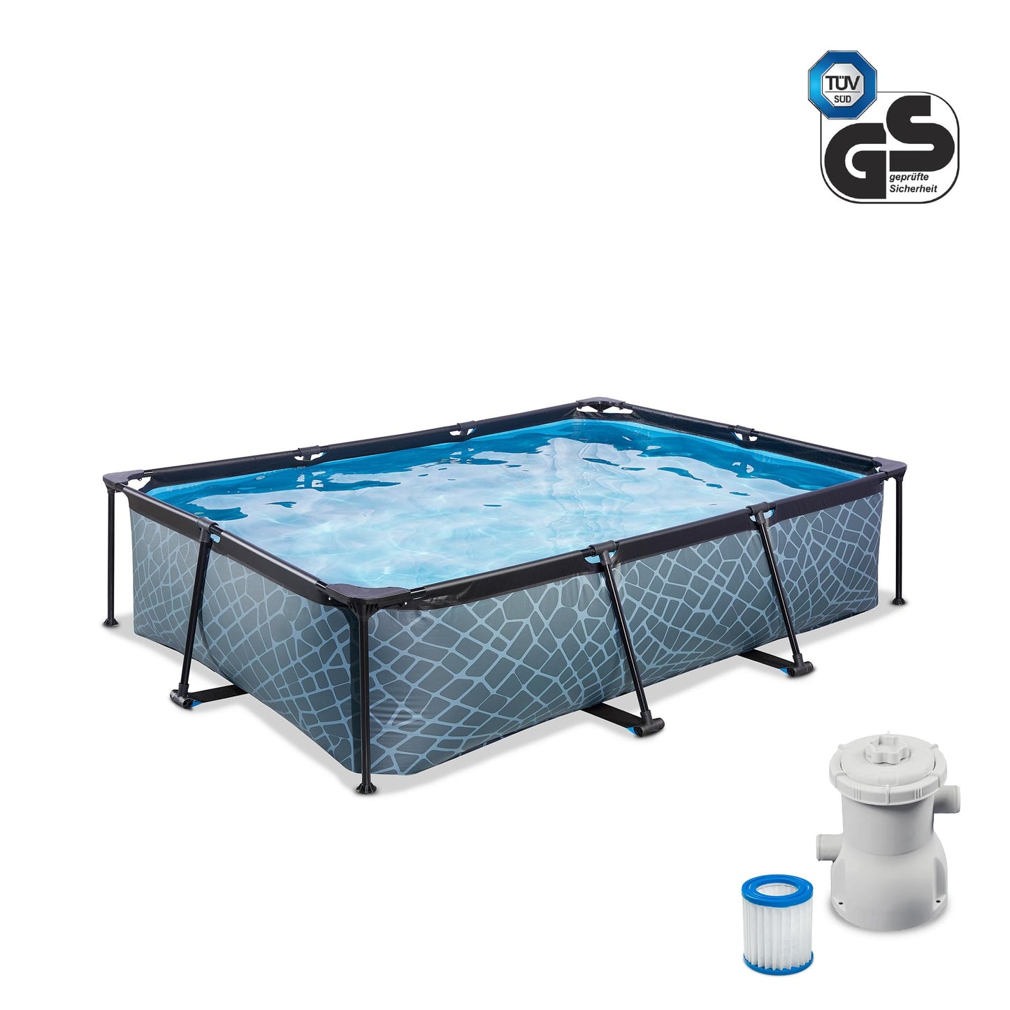 EXIT Toys Soft Grey Pool - 300x200x65cm - Rechteckiger, Kompakter Rahmenpool mit Kartuschenfilterpumpe - Leicht Zugänglich - Für Kleinkinder Geeignet - Starker Rahmen - Einzigartiges Design - Grau
