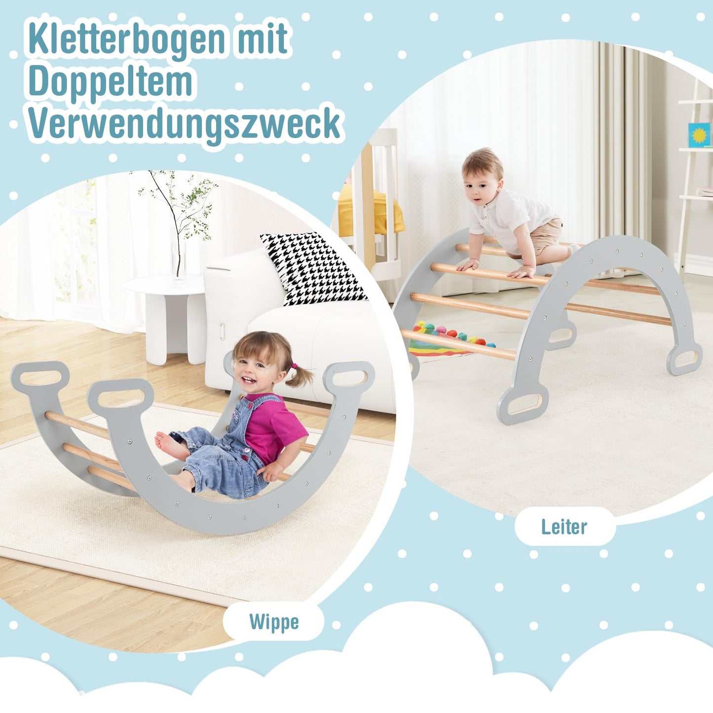 COSTWAY Kletterdreieck mit Rutsche, Kletterbogen, inkl. doppelseitige Rampe, zum Klettern, Rutschen und Wippen, 4 in 1 Klettergerüst Indoor ab 1 Jahr (Macaron bunt)