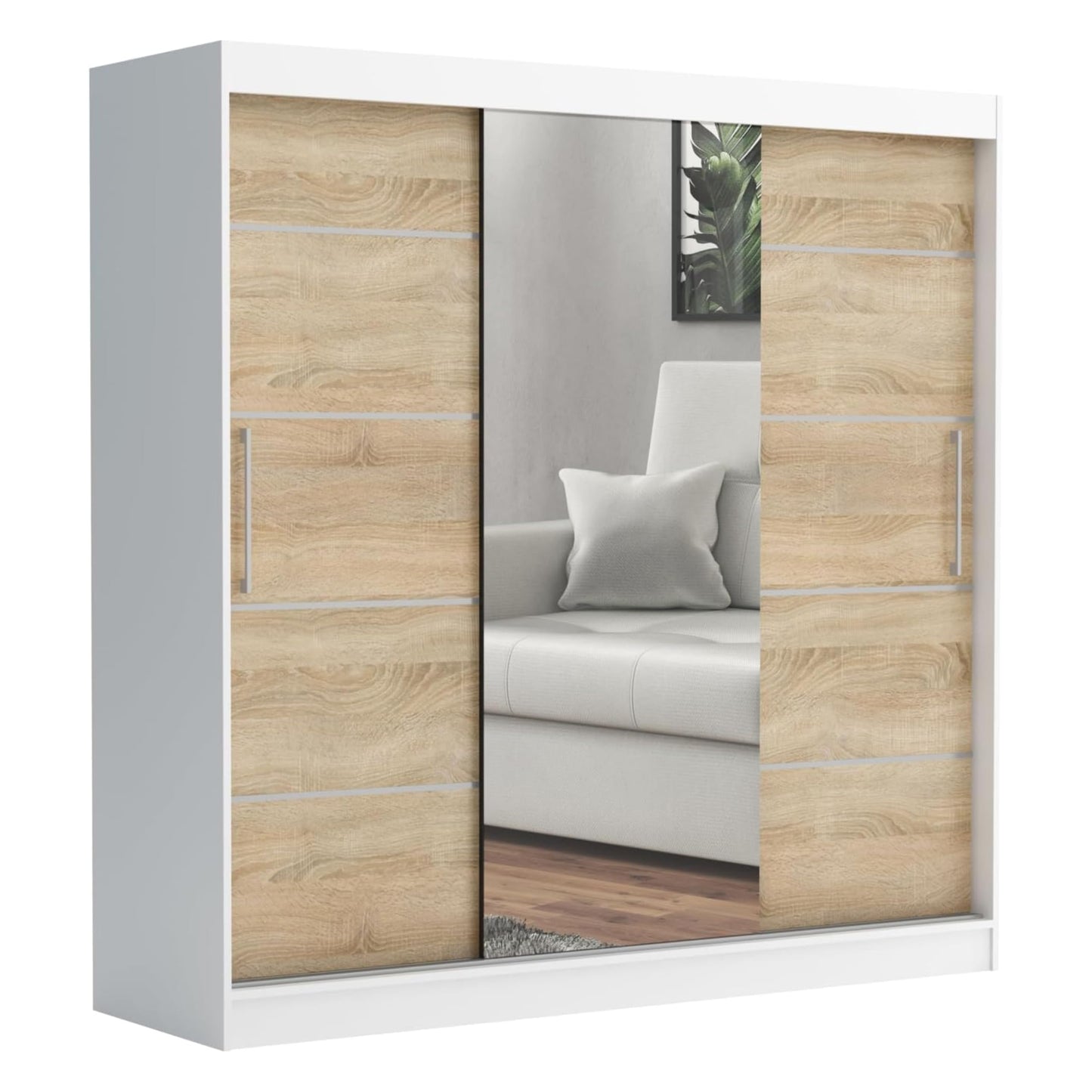 Brent - Kleiderschrank mit Spiegel und Schubladen 200cm Breit Chelsea Tomy, Schwebetürenschrank mit Spiegel, Schlafzimmerschrank, Kleiderschrank Schwarz/Wotan Eiche