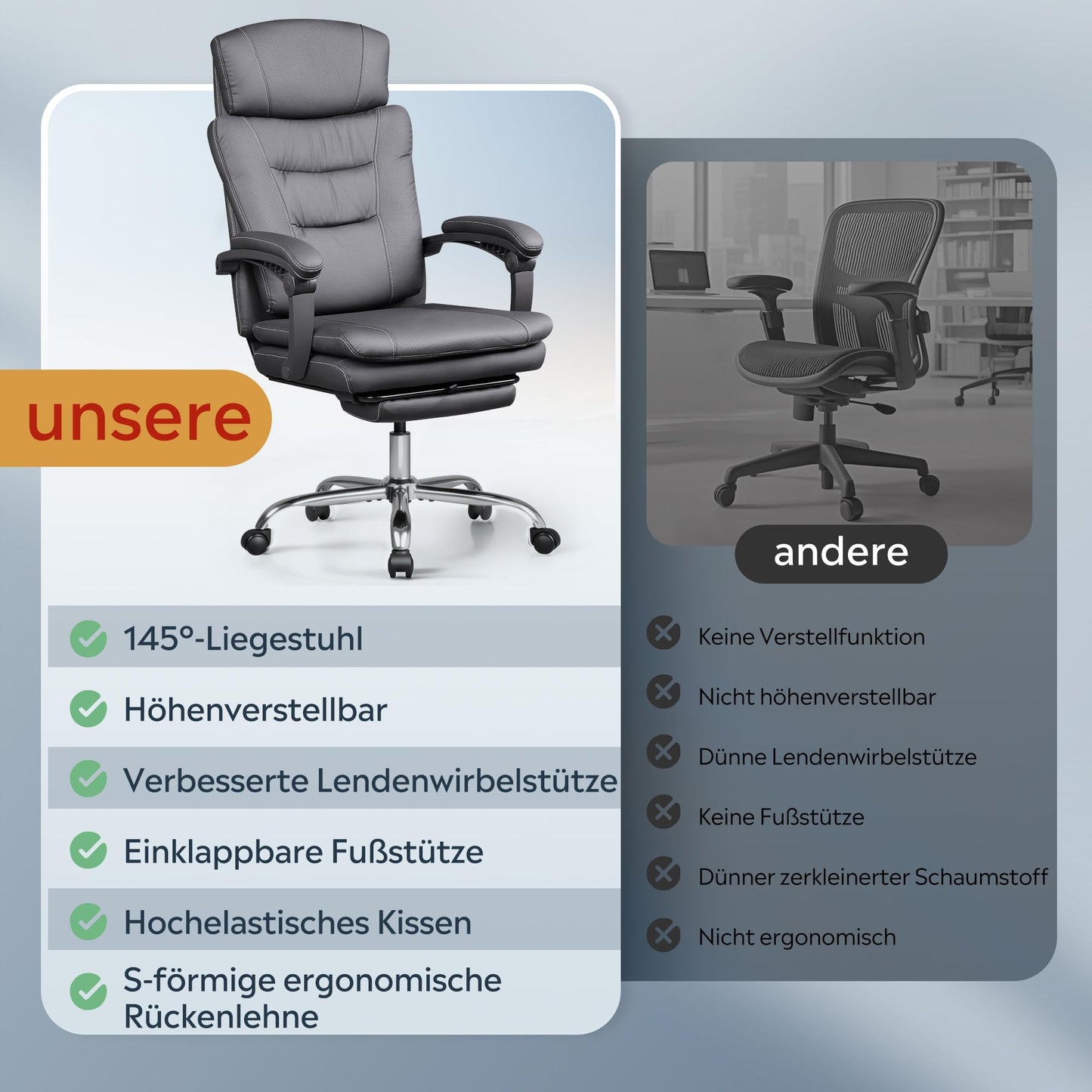 DEVAISE Chefsesse PU Leder, Bürostuhl Ergonomisch mit Fußstütze und Lendenwirbelstütze, Wippfunktion und Winkelverriegelung, Hohe Rückenlehne, Höhenverstellbar, Liegestuhl für Büro & Zuhause, Schwarz