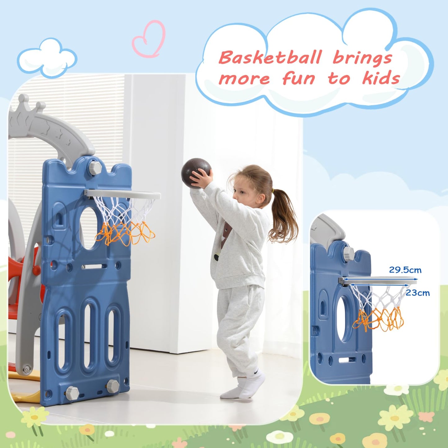 BestAlice 4 in 1 Kinderrutsche Set für Outdoor und Innen, Spielplatz mit Schaukel, Basketballkorb, Kletterleiter, Indoor- und Outdoor-Spielset, 18 Monate + (Blau)