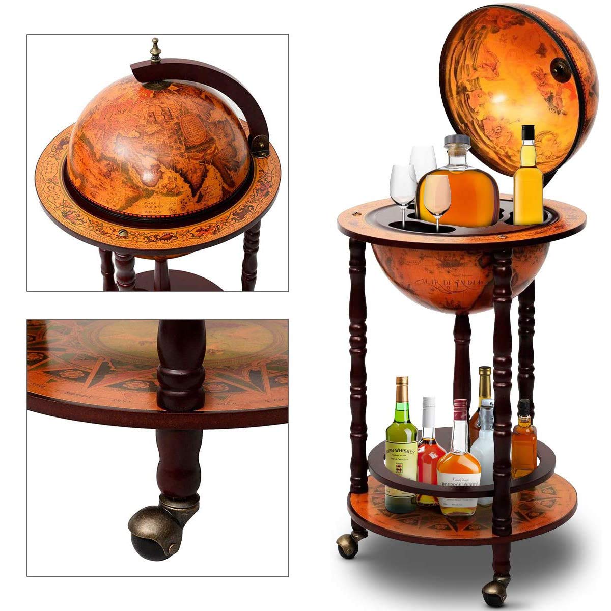 RELAX4LIFE Globe Bar on Wheels, Bar Trolley with World Globe, Bar Table Solid Wood, Serving Trolley with Wine Bottle Holder, Mobile Cocktail Bar, Antique Look, Decorative Mini Bar Serving Table