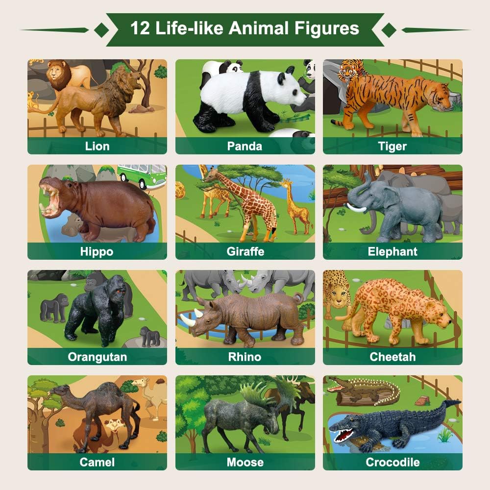 Mini Tudou 12 Stücke Safari Tiere Spielzeug Tierfiguren mit 145x98cm Aktivität Spielmatte,Realistischte Wildtier Figuren mit Löwe,Panda,Tiger,Nilpferd,Giraffe,Elefant für Kinder Jungen&Mädchen