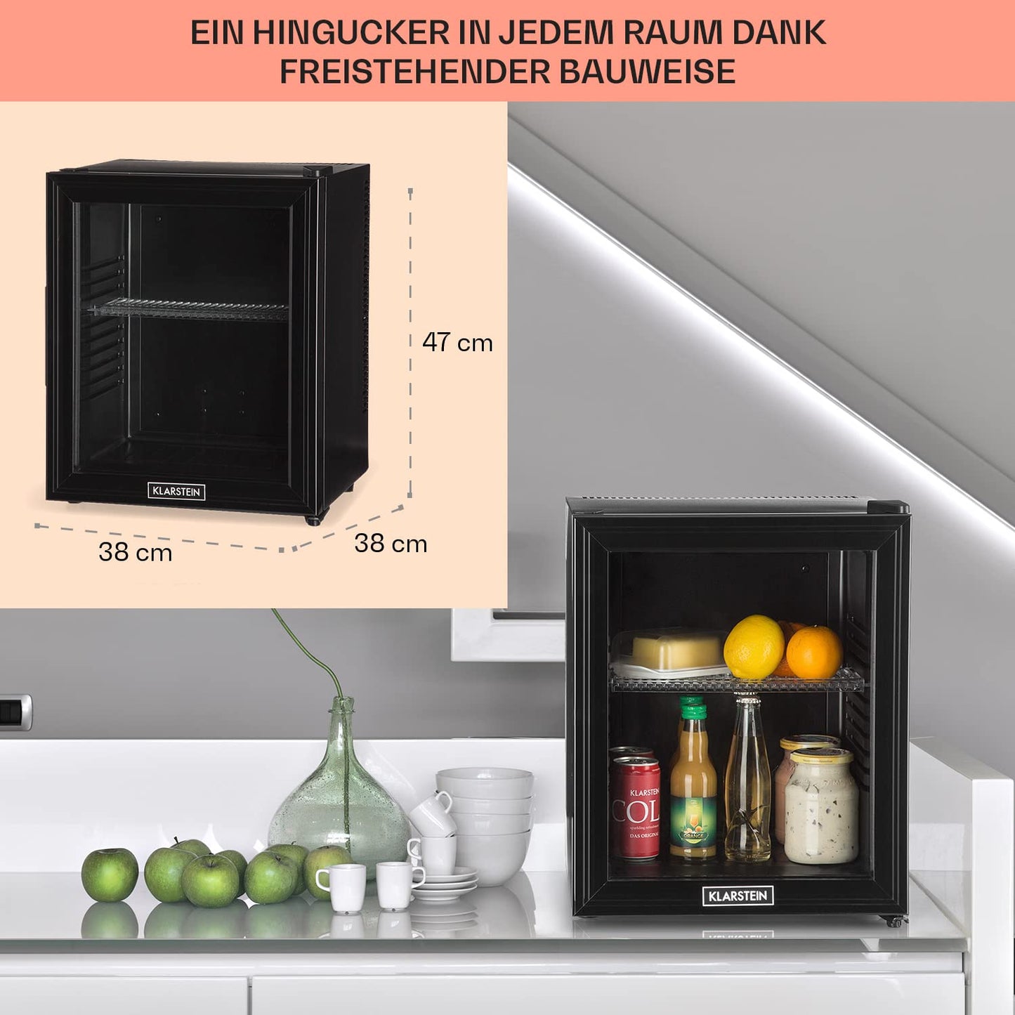 Klarstein Kühlschrank, Mini Kühlschrank mit Glastüre, Mini-Kühlschrank für Getränke, Snacks & Kosmetik, Kühlschrank Klein & Leise, Verstellbare Ablagen, Kleiner Skincare Kühlschrank 12-18°C, 23L