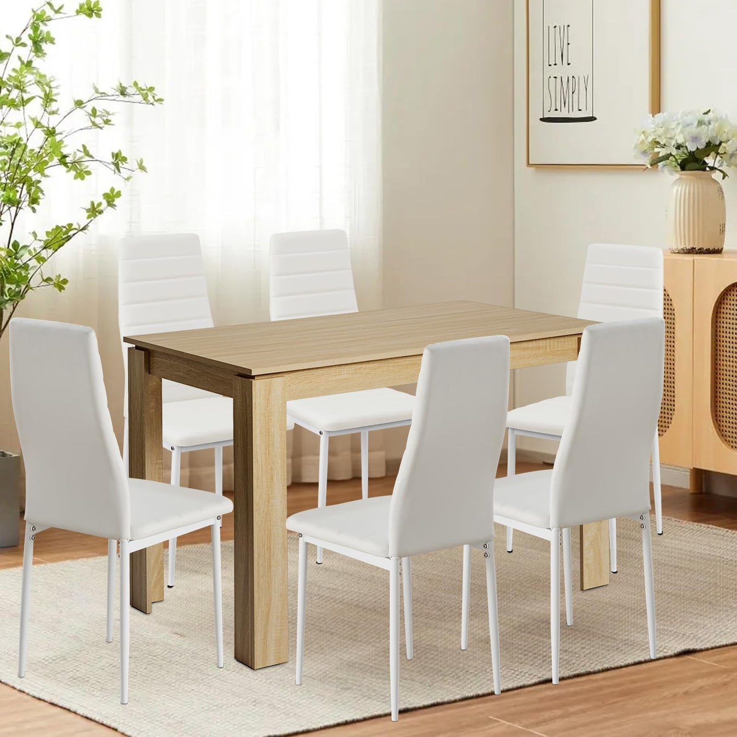 FURNITABLE Esstisch mit 6 Stühlen Esszimmergruppe, Essgruppe mit Hochlehner Kunstleder Stuhl für 6 Personen, Sitzgruppe für Küche Wohnzimmer(160cm Eiche-Weiß Tischbein Tisch+6 Schwarz Stühle)