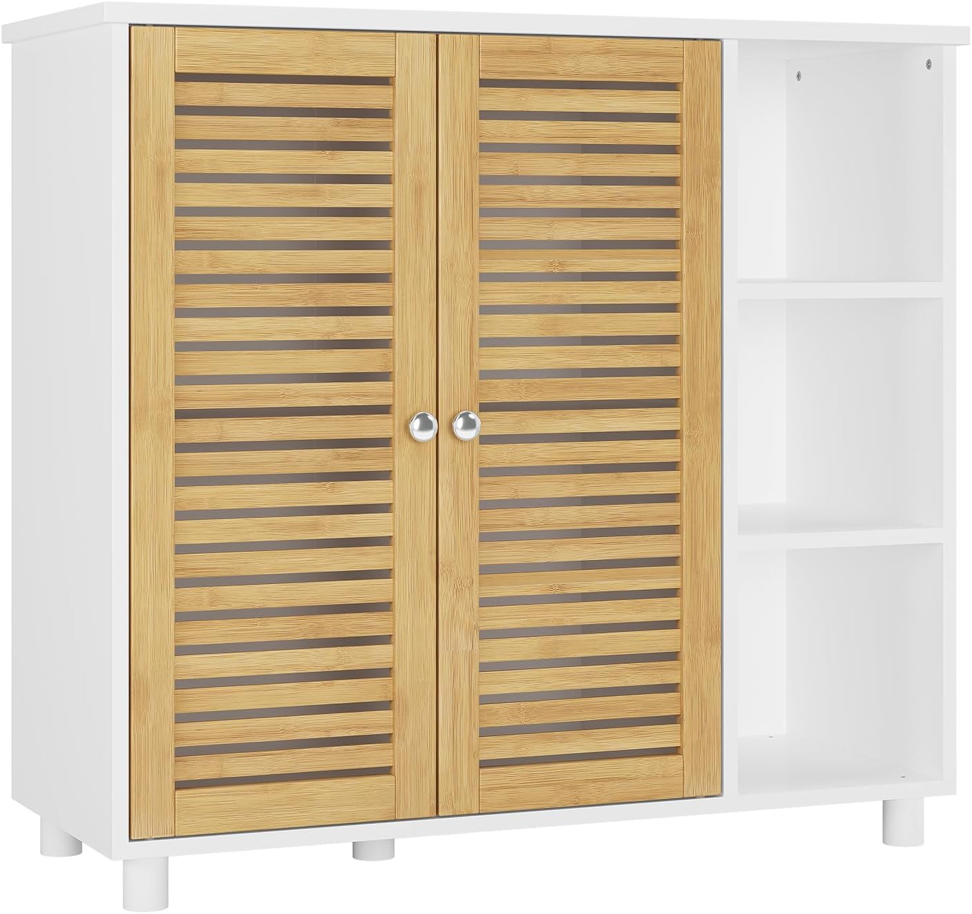 FORABAMB Bathroom Cabinet, Floor Cabinet, Bathroom Cabinet with Double Doors Made of Bamboo, 3 Open Compartments, Freestanding Side Cabinet for Bathroom, Living Room and Kitchen, 77 x 30 x 80 cm