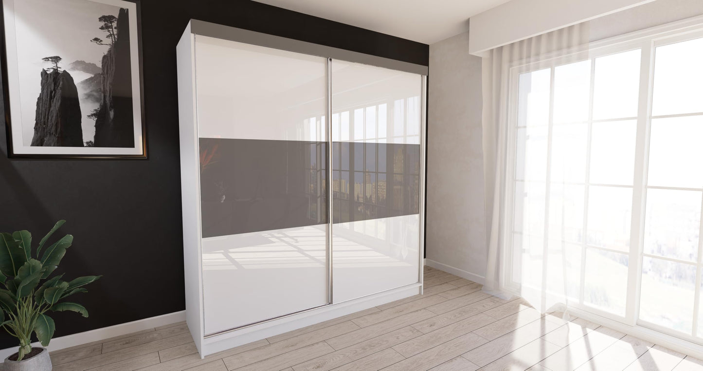 Marlux-Meble Two-Door Wardrobe 230 cm Wide with Floating and Sliding Doors Corner Wardrobe Bedroom Cabinet Hallway Cabinet System Cabinet High Gloss Cabinet