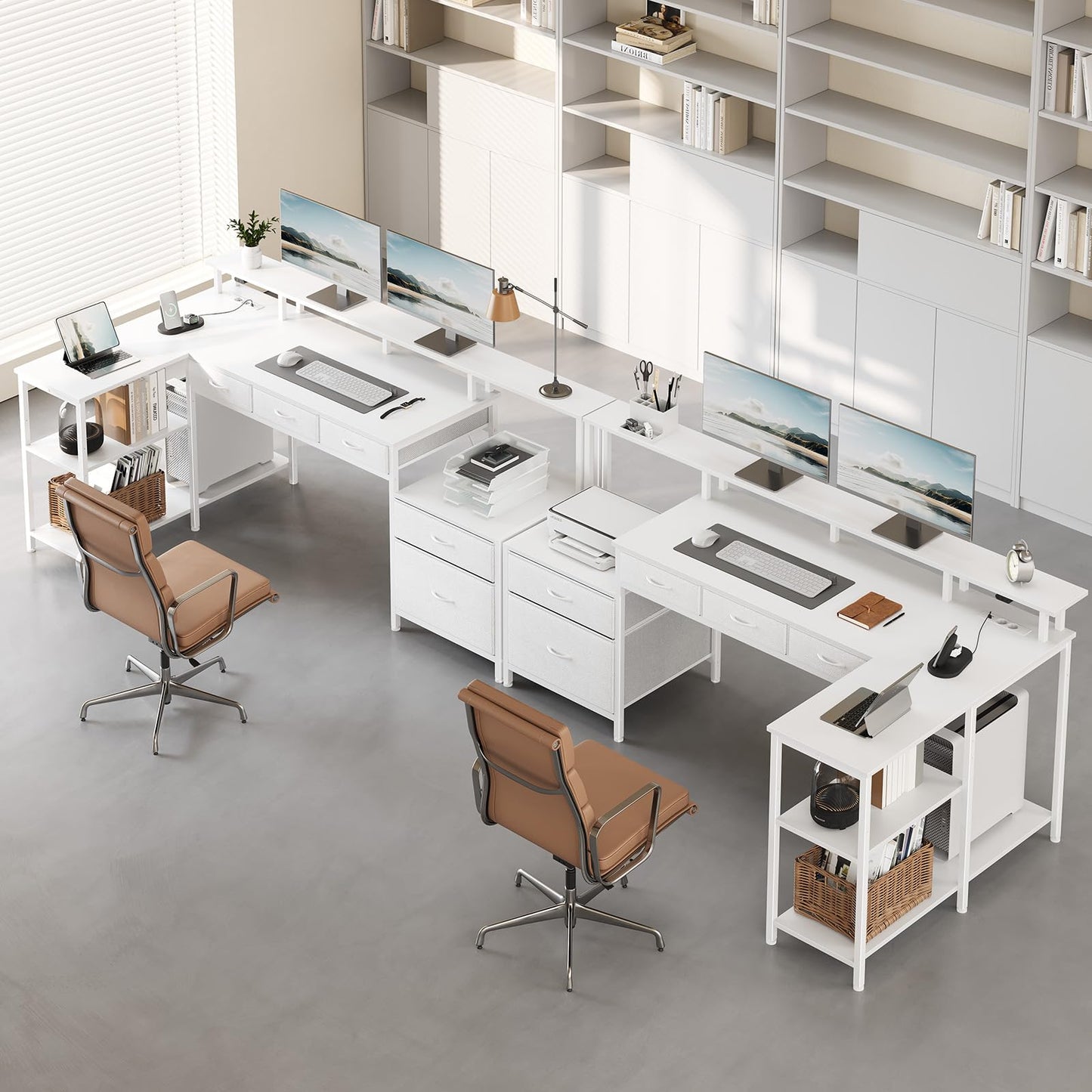 Seventable Schreibtisch L Form, Computertisch mit Steckdose, LED & Monitorständer, Reversibel Eckschreibtisch mit Schubladen, perfekt für Schlafzimmer Büro Wohnzimmer