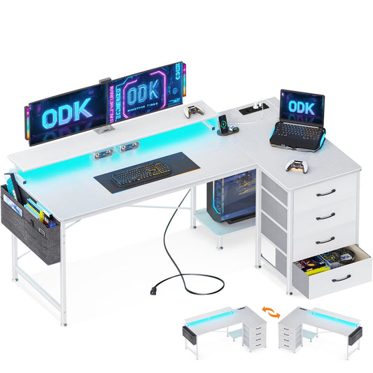 ODK Eckschreibtisch mit 4 Stoff Schubladen, 160x80cm Reversible Schreibtisch L Form mit 2 Steckdosen und 2 USB Ladeanschluss, Gaming Tisch L Form mit LED&Monitorständer für Home Office, Schwarz