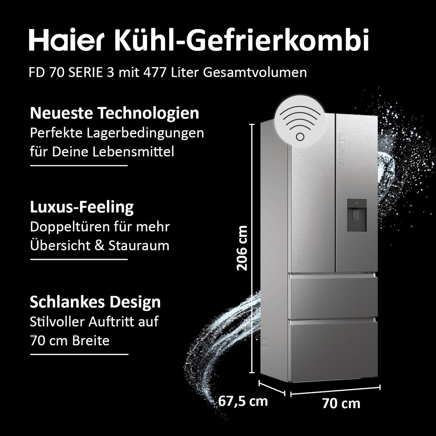 Haier French Door Kühl-Gefrierkombination 70 cm Breite I 402 L French Door Kühlschrank, freistehend I Doppeltür Kühlschrank mit Gefrierfach, No Frost I LED, Touch-Display I FD 70 SERIE 3 HFR3718ENMM