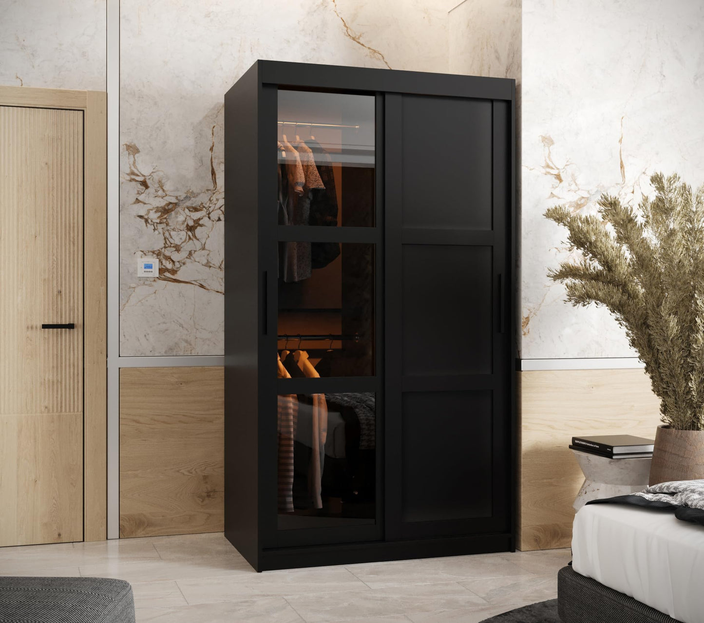 MEBLE KRYSPOL Dome 2 Schrank mit DREI Schiebetüren mit Spiegel, Stangen und Regalen - Aufbewahrungsschrank mit Rauchglas für Schlafzimmer, Wohnzimmer - 200x250x62cm - Schwarz, Schwarz, Schwarz