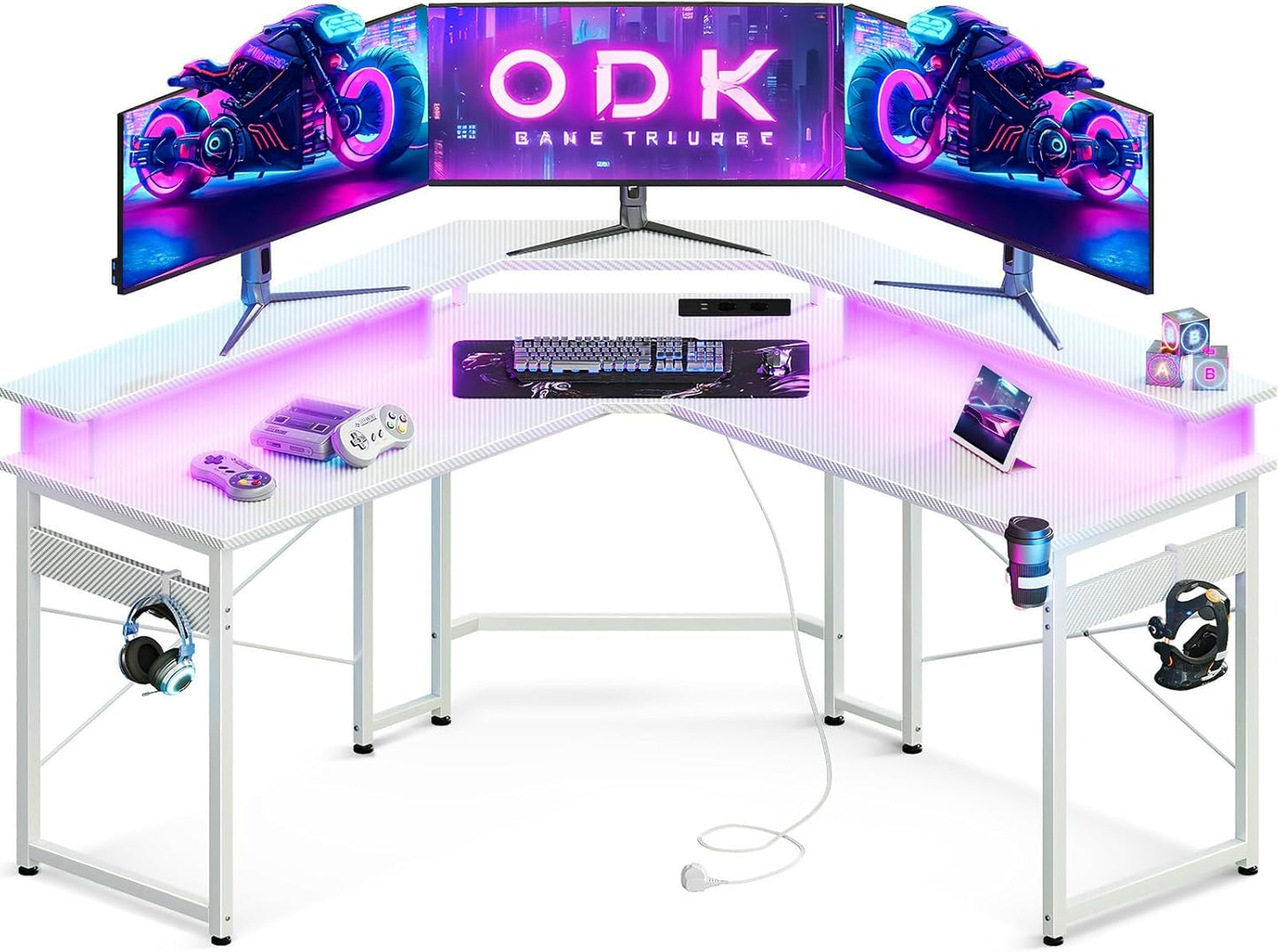 ODK Gaming Tisch mit LED, Gaming Schreibtisch mit 2 Steckdosen und 2 USB Ladeanschluss, PC Tisch Gaming mit großzügiger Monitorablage, Gamer Schreibtisch in Kohlefaser Weiß, 129x129 cm