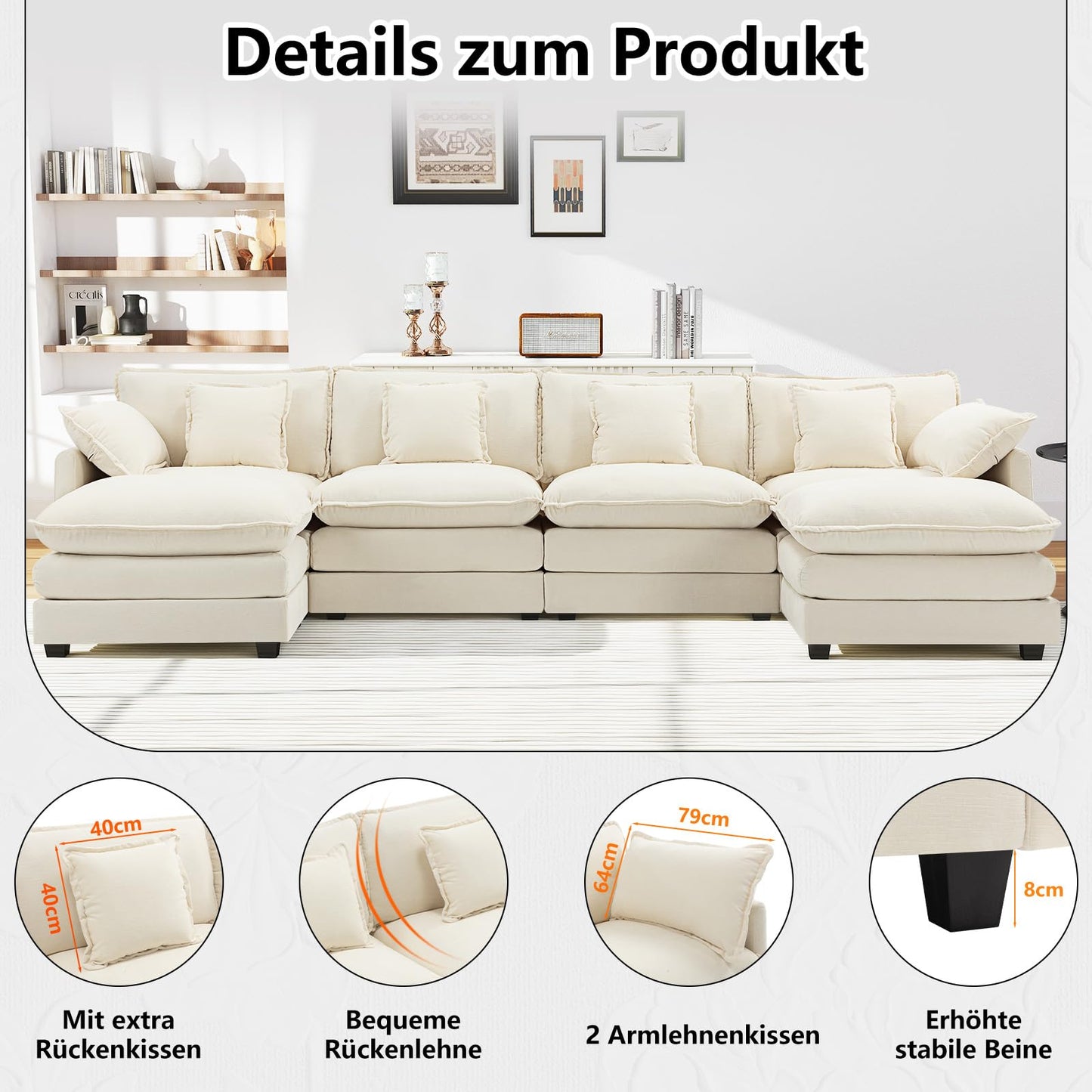 Urhanherry U-Shape Cloud Sofa, Modular Sectional Sofa, 6-Seater with 2 Ottomans, Modern Sofa with Decorative Cushions/Armrests, Breathable Chenille Fabric, U Sofa Couch for Living Room, Beige