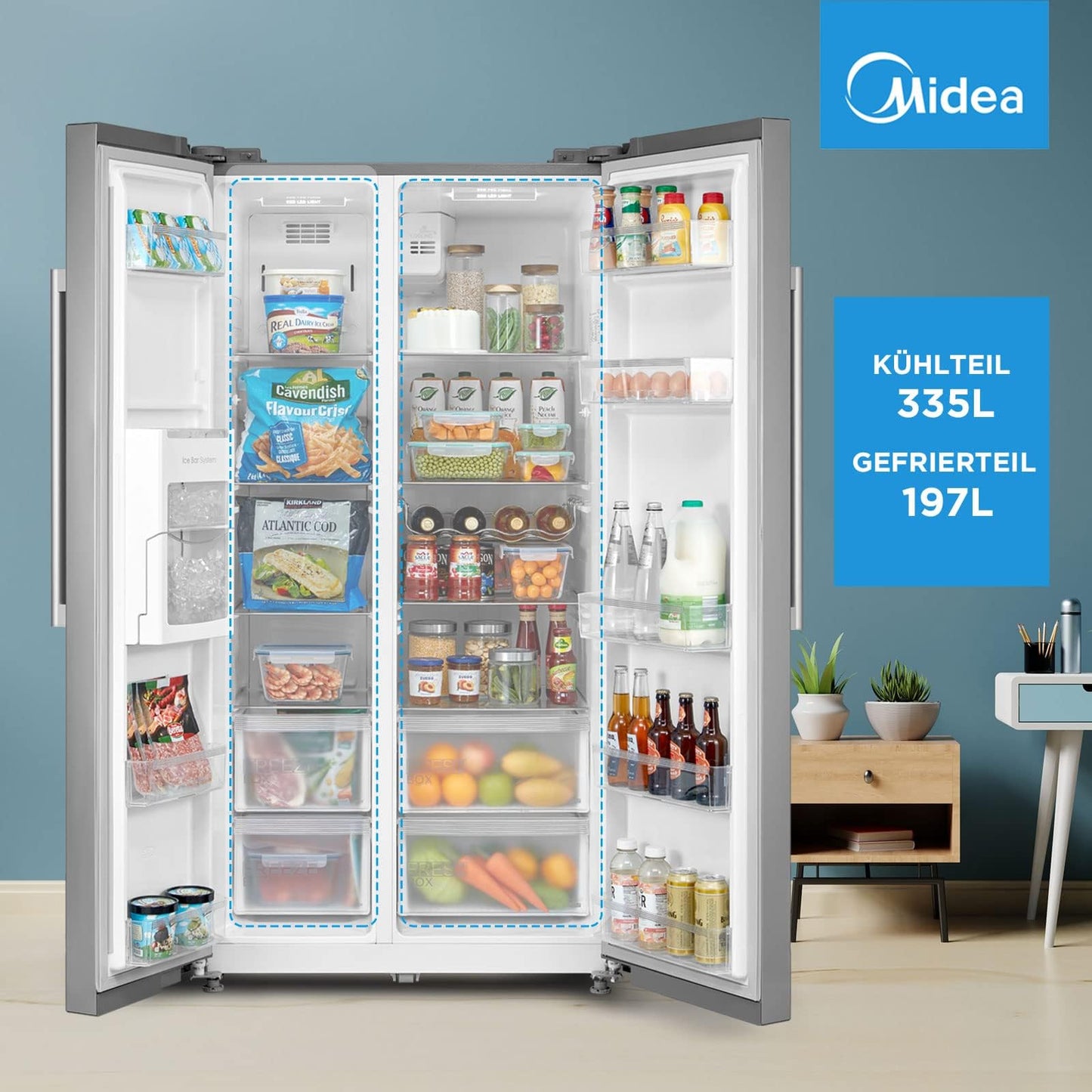 Midea KS-DDX 6.32 WT Side-by-Side Kühl-/Gefrierkombination/ 178,8 cm Höhe/ 254 kWh/Jahr/No Frost/Dual Inverter Compressor/mit 3in1 Wasser-/Eisspender und Wassertank, Dark Inox