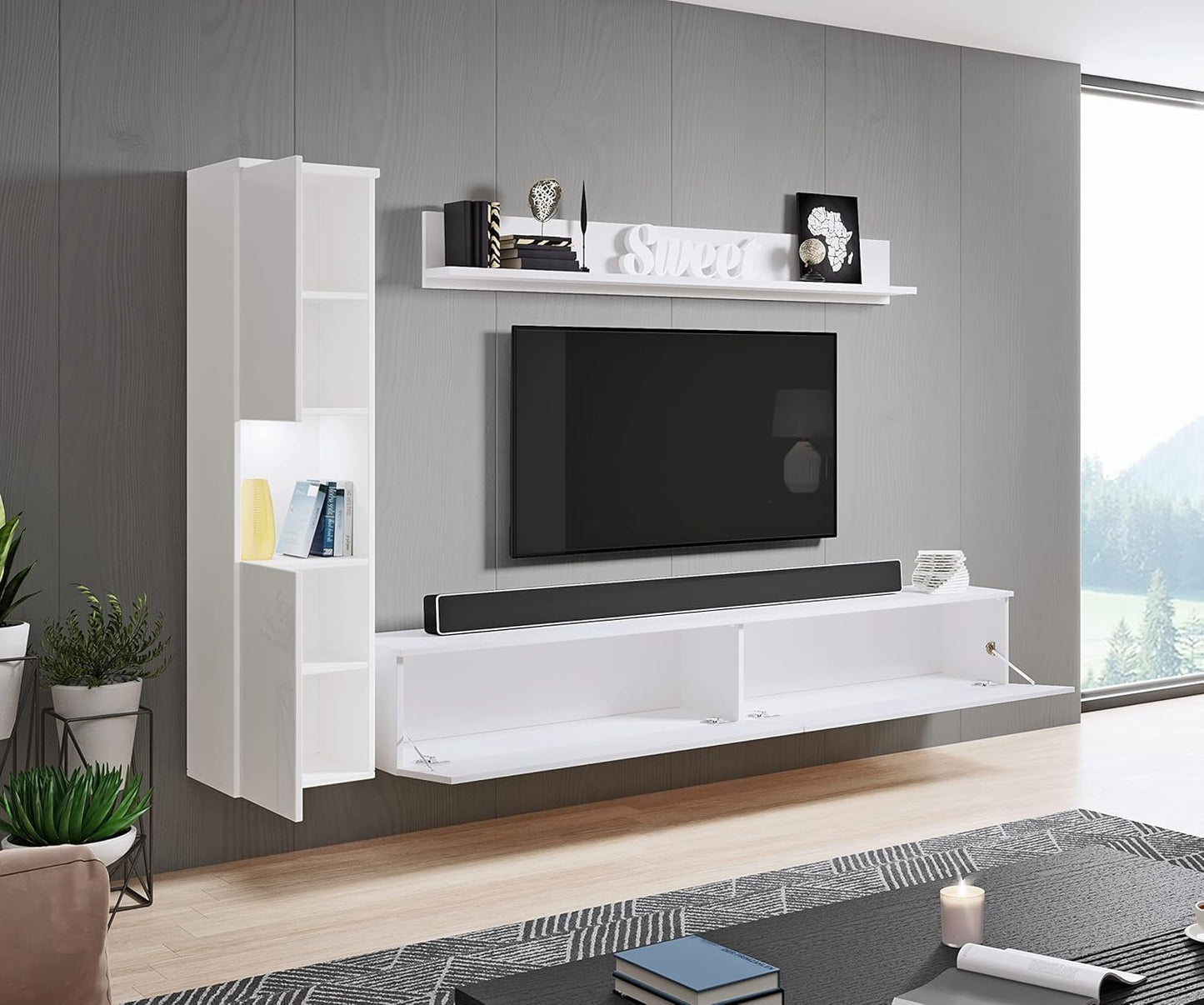 MINIO go for it - Parma XL Wall Unit, 4-Piece Set, with LED Lighting, Hanging or Standing, 2 x Highboard, Lowboard, Wall Board, Laminated Chipboard, Colour: Wotan Oak