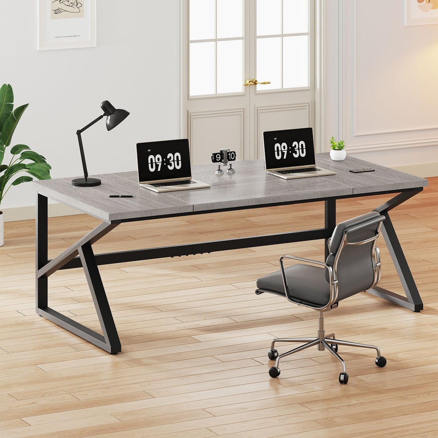 IBF Desk in Brown Colour with a Length of 70 Inches, Industrial Large Double Metal and Wood Desk for Computer, Long Office Table for Home