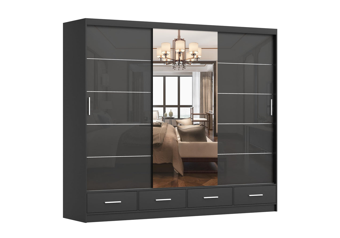 Fabryka Mebli Idźczak Kleiderschrank mit Spiegel weiß - Schwebetürenschrank - Schlafzimmerschrank - 61 x 250 x 218 cm - Wohnzimmerschrank - Garderobenschrank, Schrank mit 2 Türen, 4 Schubladen