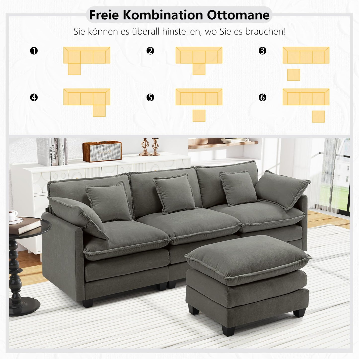 Urhanherry U-Shape Cloud Sofa, Modular Sectional Sofa, 6-Seater with 2 Ottomans, Modern Sofa with Decorative Cushions/Armrests, Breathable Chenille Fabric, U Sofa Couch for Living Room, Beige