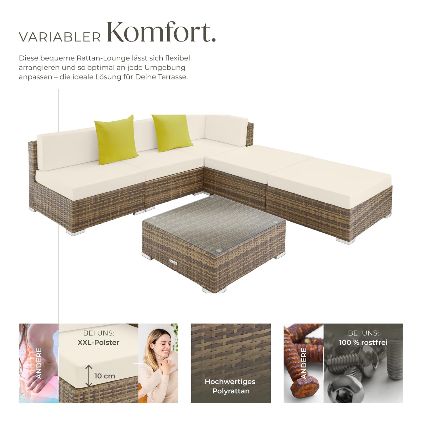 tectake® Aluminium Poly Rattan Lounge, modulares Gartenmöbel Set, großer Outdoor Couch Tisch mit Glasplatte, Sofa Set wetterfest für Garten, Balkon und Terrasse, extra Dicke Polster - grau