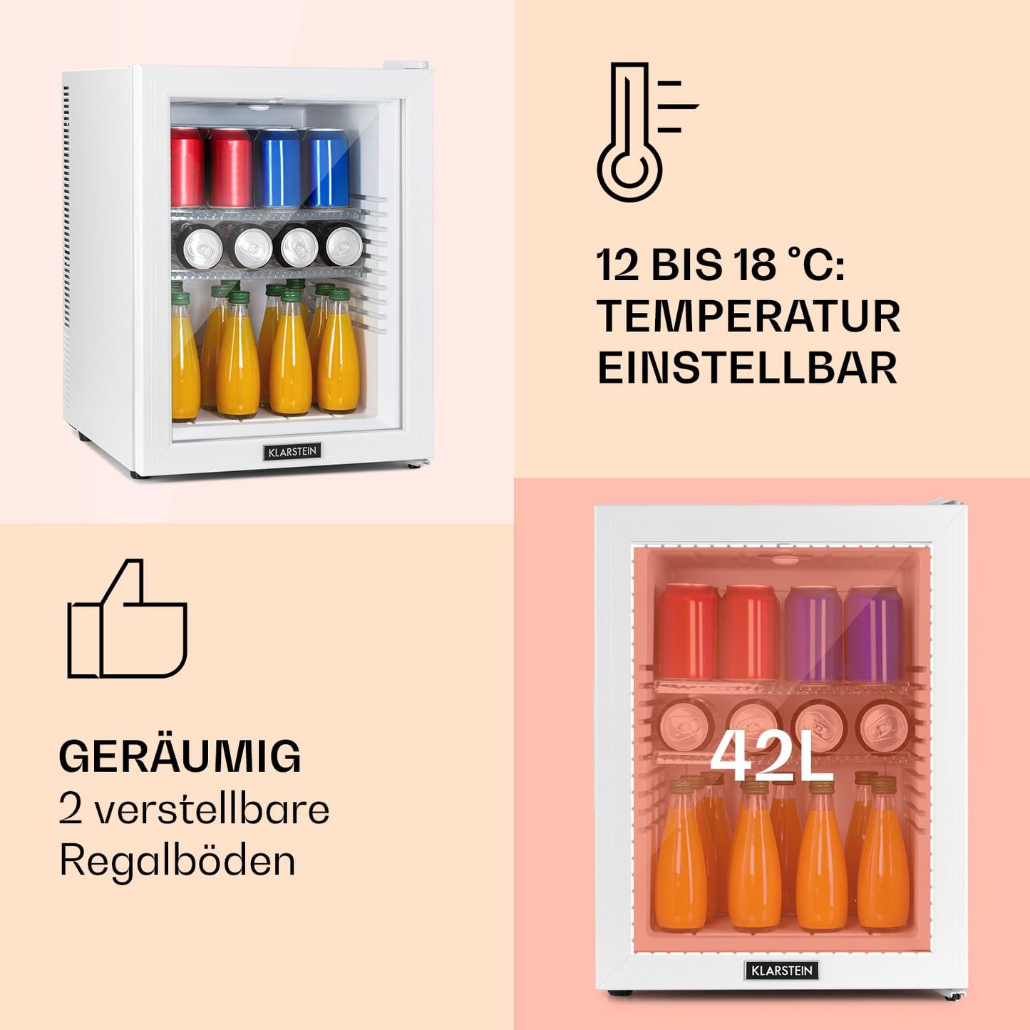 Klarstein Kühlschrank, Mini Kühlschrank mit Glastüre, Mini-Kühlschrank für Getränke, Snacks & Kosmetik, Kühlschrank Klein & Leise, Verstellbare Ablagen, Kleiner Skincare Kühlschrank 12-18°C, 23L