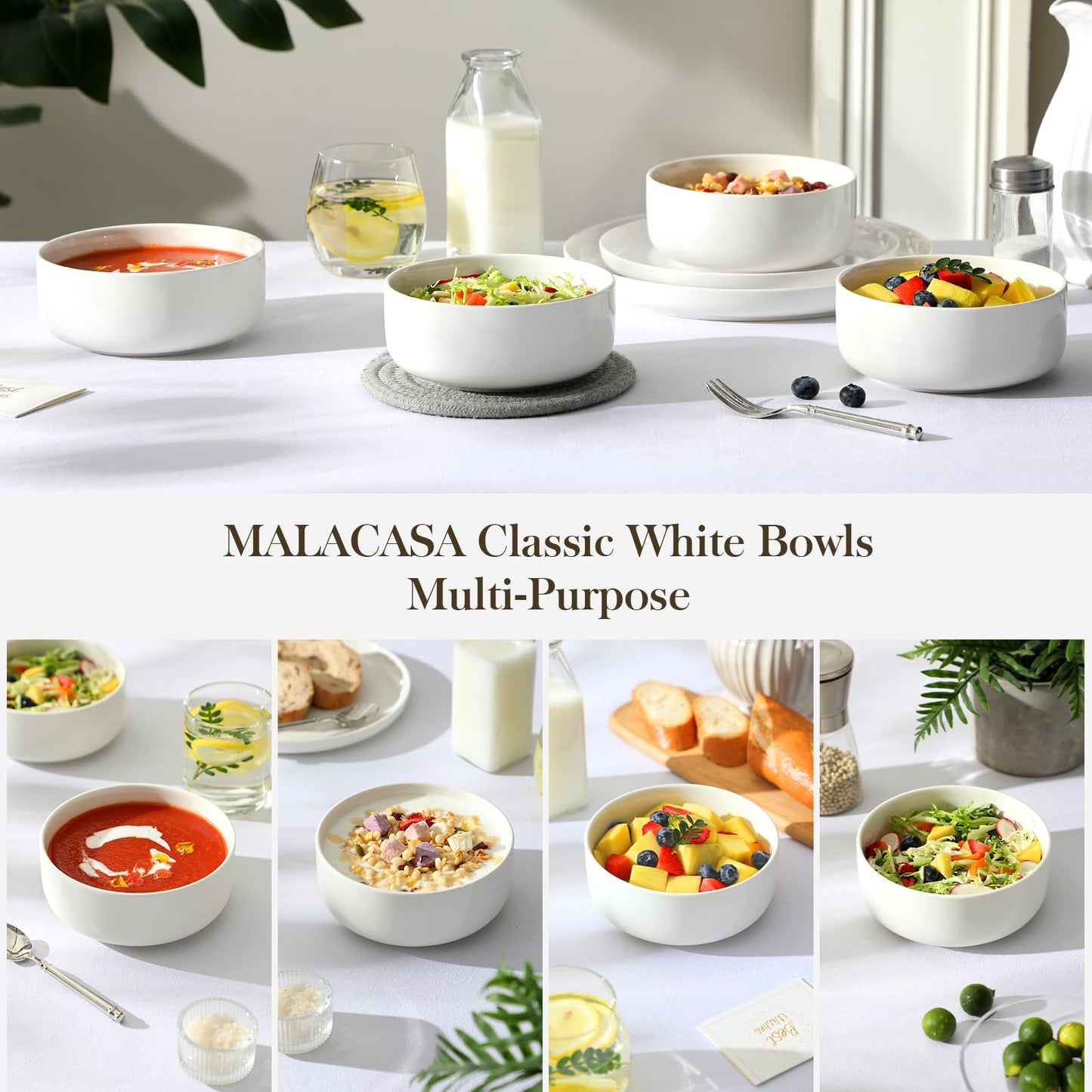 MALACASA Geschirrset 6 Personen, LUNA 24-tlg Tafelservice aus Weißem Porzellan, Modernes Geschirr Set mit je 6 Speiseteller, Dessertteller, Suppenteller und Müslischalen