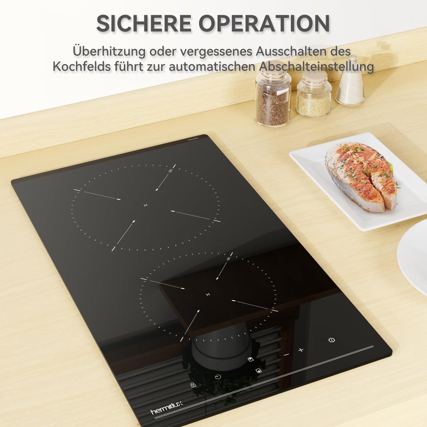 Hermitlux kochfeld 28,8cm, Glaskeramik Kochfeld 2 Platten, 9 Leistungsstufen, Touch-Steuerung, Timer, Kindersicherung, Geeignet für Alle Töpfe, 3300W